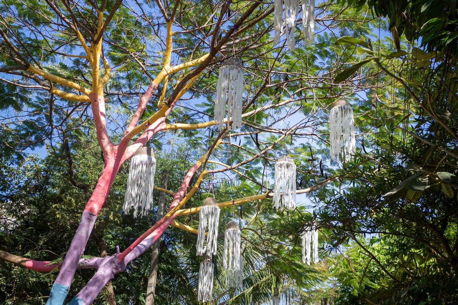 Local market tent decorated in Northern Thai style, stock photo