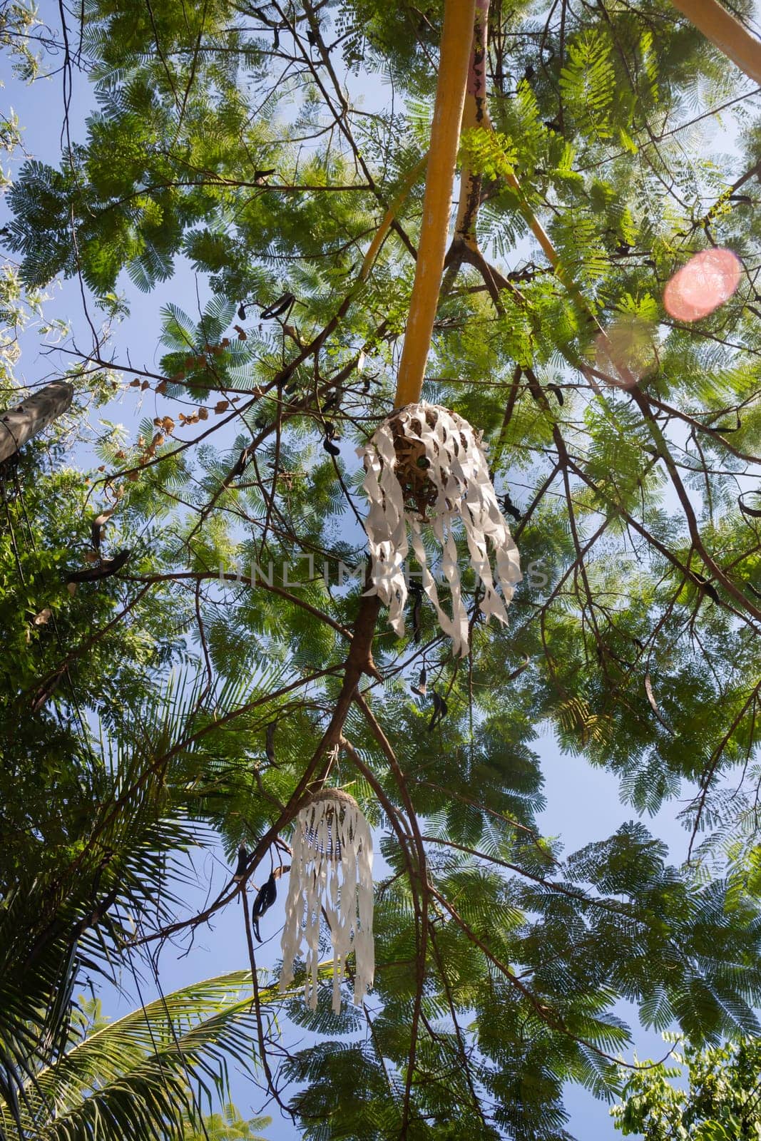 Hanging colorful fabric decorated in the garden, stock photo