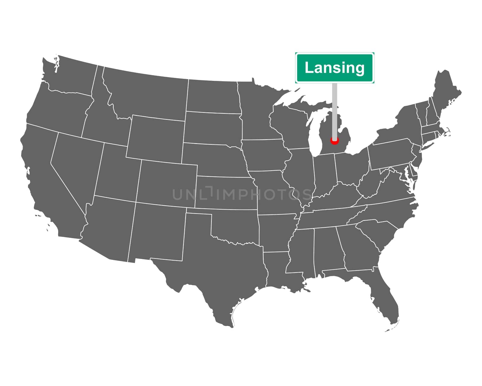 Lansing city limit sign and map of USA