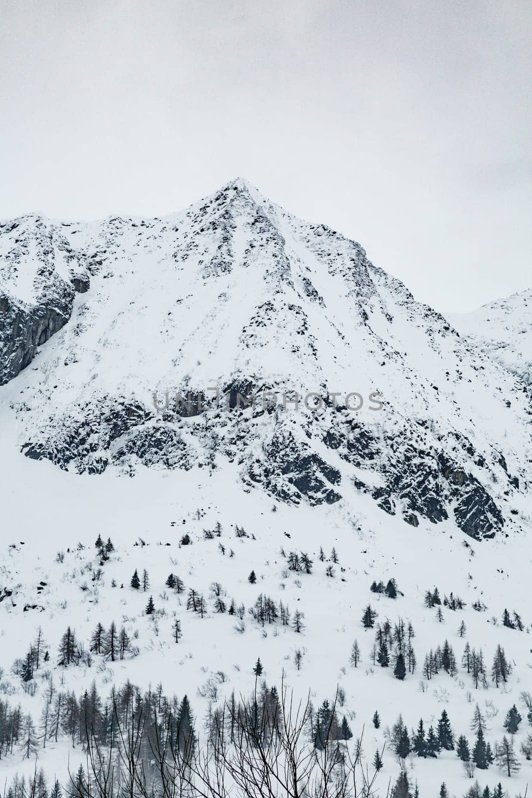 Winter landscape with lots of white snow. Concept of vacation during the winter holidays in the high mountains. Selective focus. Vertical orientation.