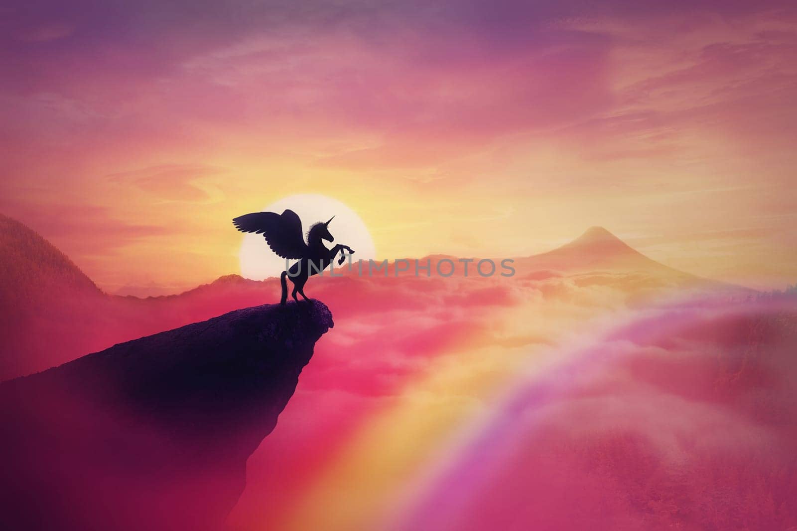 Wild pegasus silhouette on a cliff edge against a pink paradise sunset. Magical background, surreal creature as unicorn with wings, over the rainbow. Freedom and adventure concept, secret dreamland..