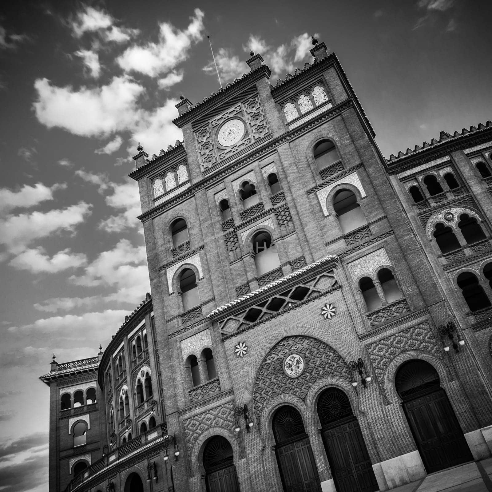 Black and white image of Bullring in Madrid, Las Ventas, situated at Plaza de torros. It is the bigest bullring in Spain.