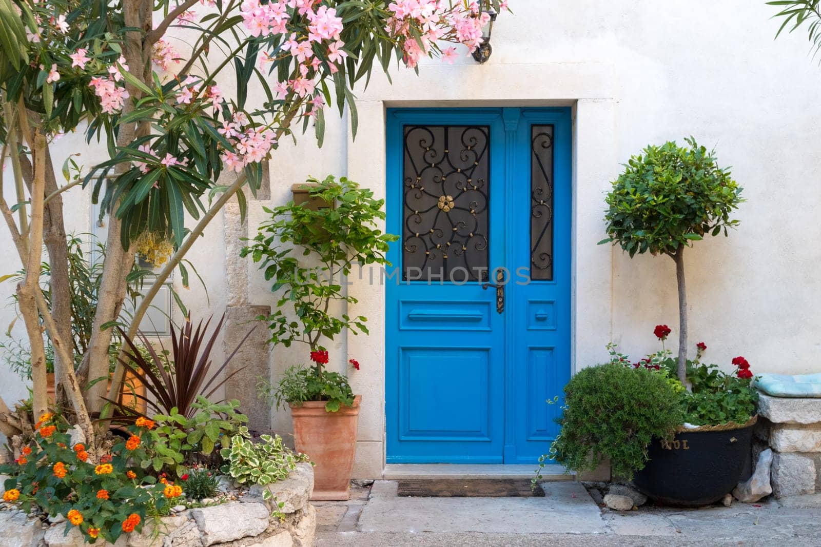 Beutiful vintage courtyard with lush greenery and marine blue wooden door in old Mediterranean costal town, Croatia.