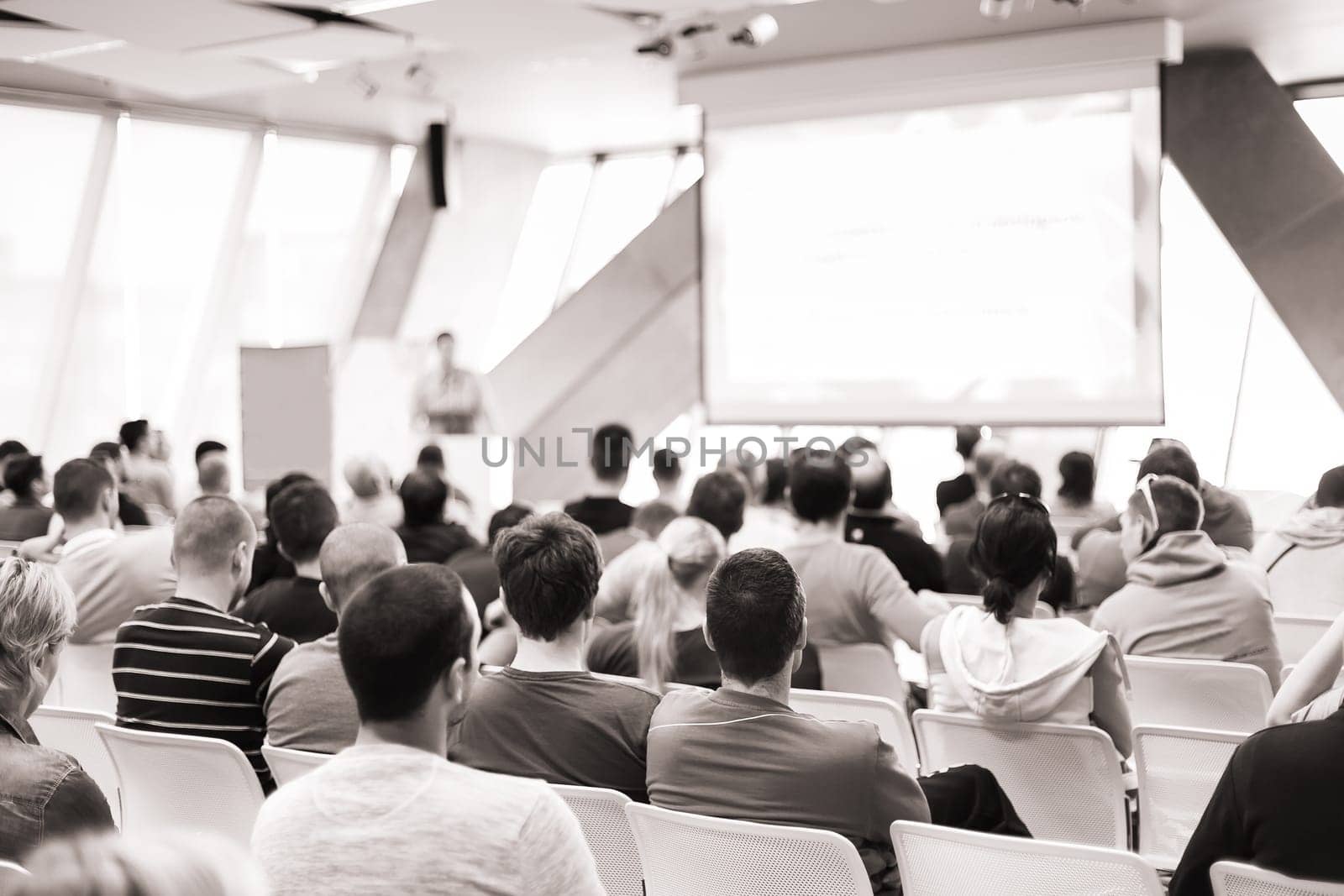 Man giving presentation in lecture hall. Male speeker having talk at public event. Participants listening to lecture. Rear view, focus on people in audience.