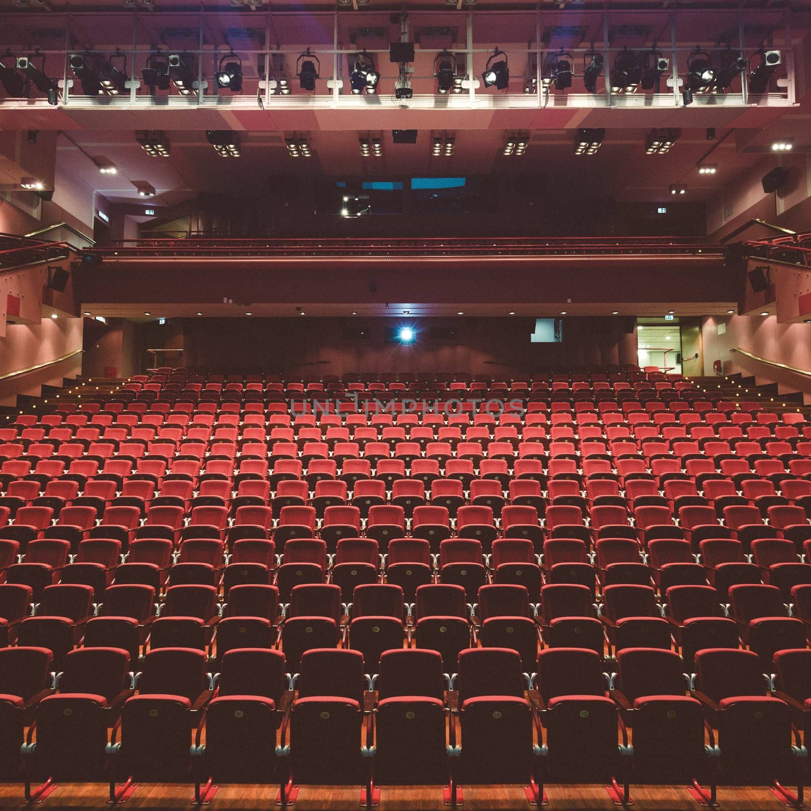 Interior of modern empty red congress hall.
