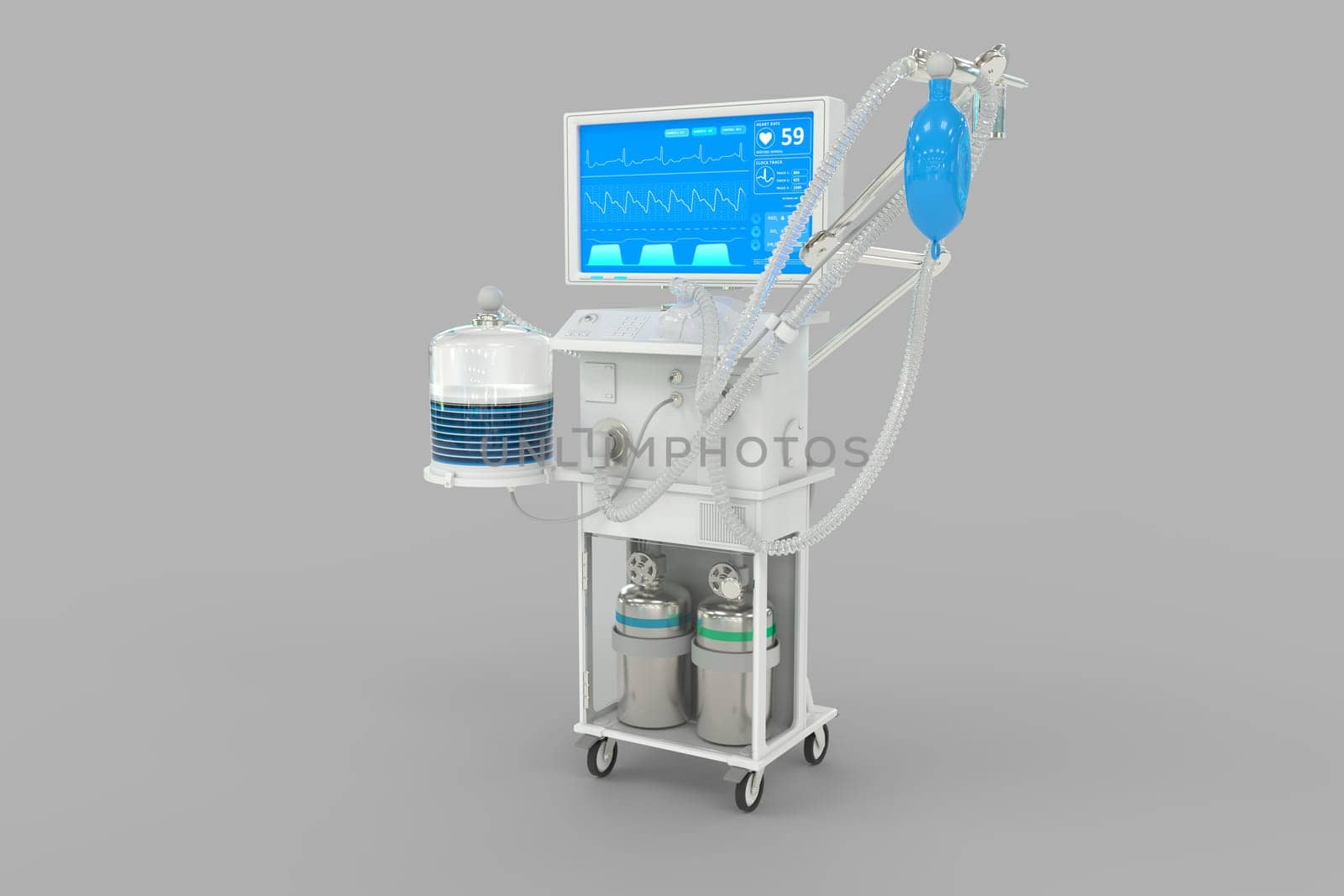 ICU artificial lung ventilator with fictive design isolated on grey background - heal corona virus concept, medical 3D illustration