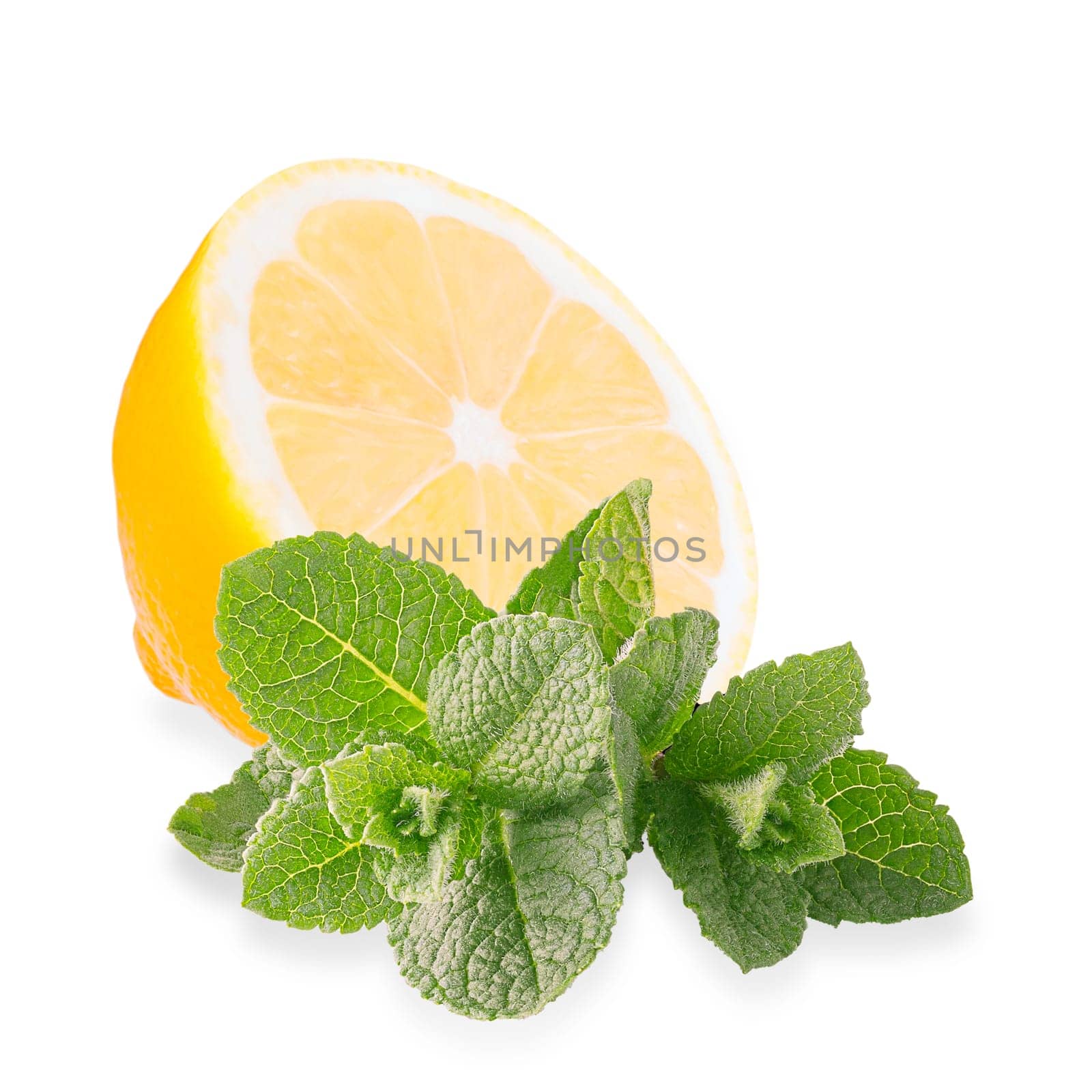 Isolated lemon amd mint. Fresh lemon fruit with green mint leaves on white background with clipping path for package design.