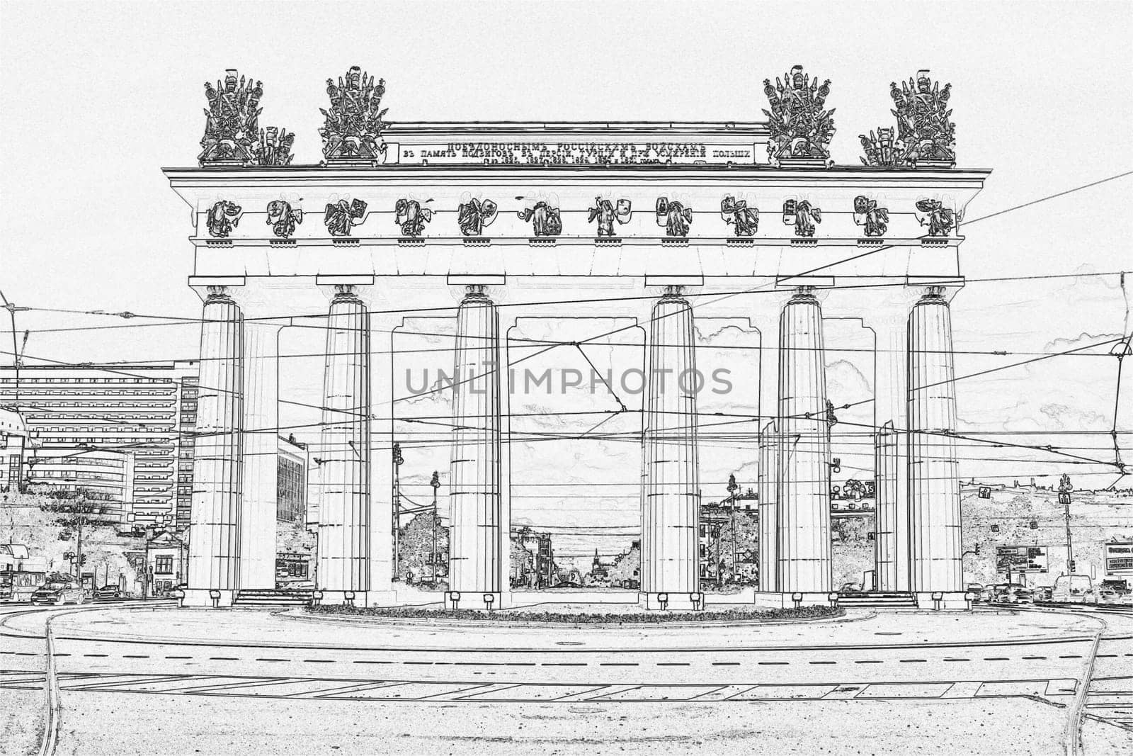 triumphal gates with columns decorated with knightly armor, St. Petersburg Russia