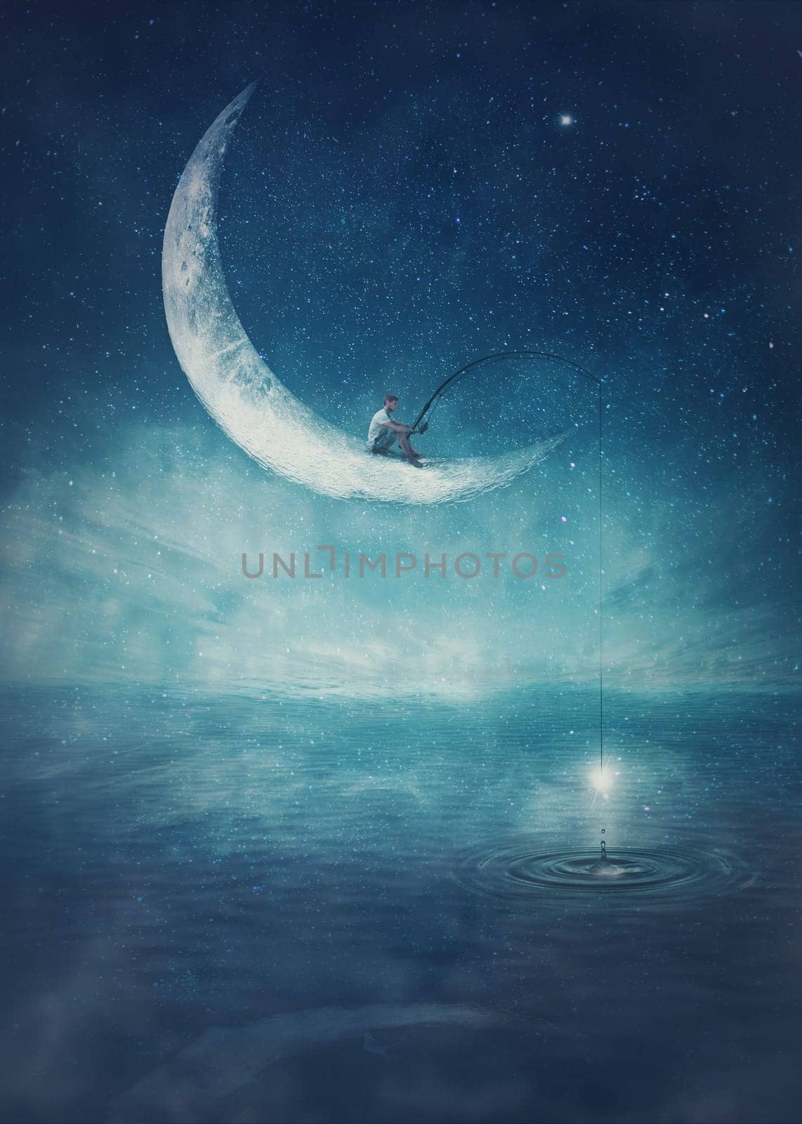Surreal scene with a boy fishing for stars, seated on a crescent moon with a rod in his hands. Magical adventure concept. Wonderful starry night sky reflecting over the clear blue ocean water.
