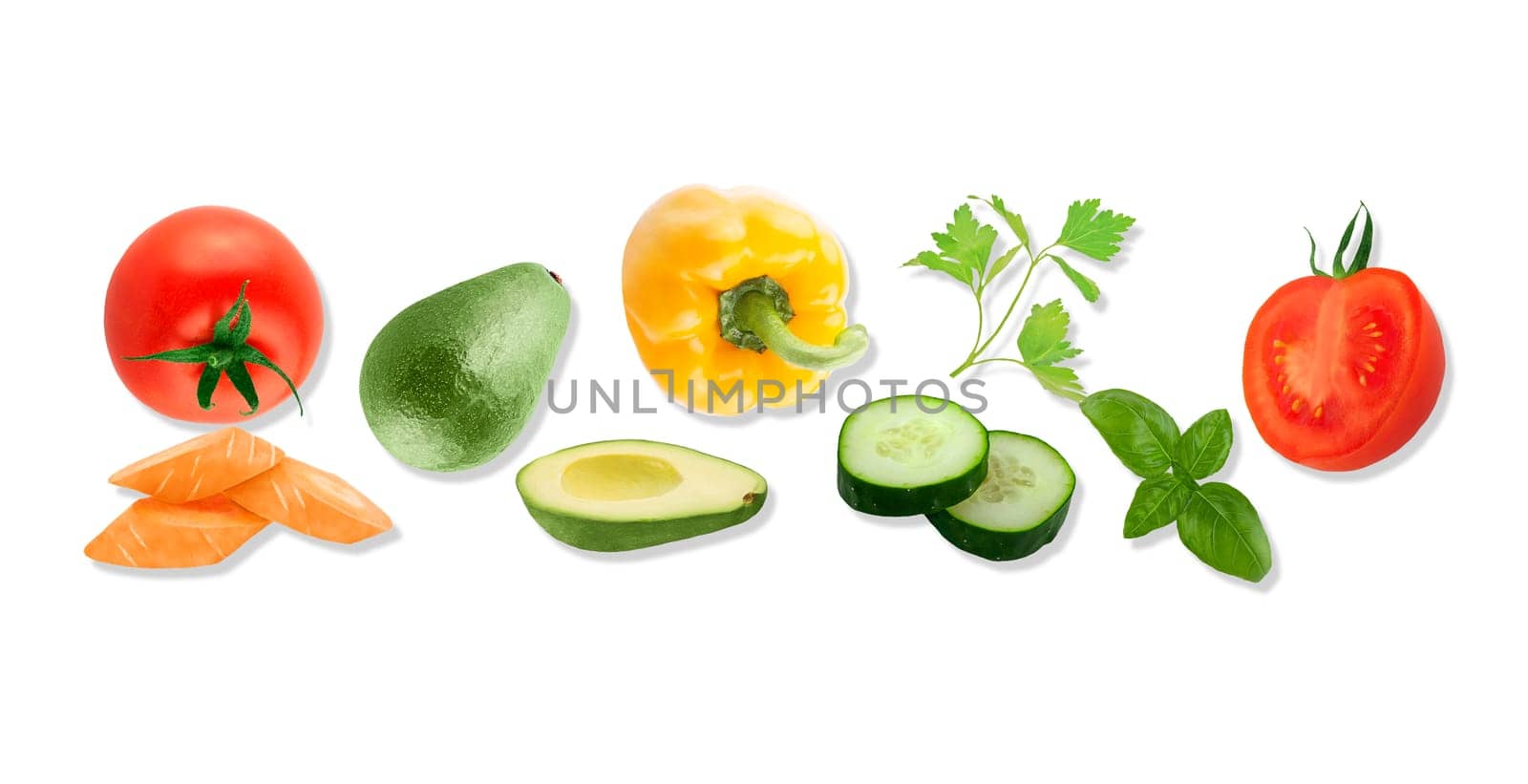 Isolated vegetable. Raw vegetables top view. Carrot, avocado, bell pepper, cucumber, tomato, basil and parsley herbs isolated on white background. Panorama website header banner. High quality photo.