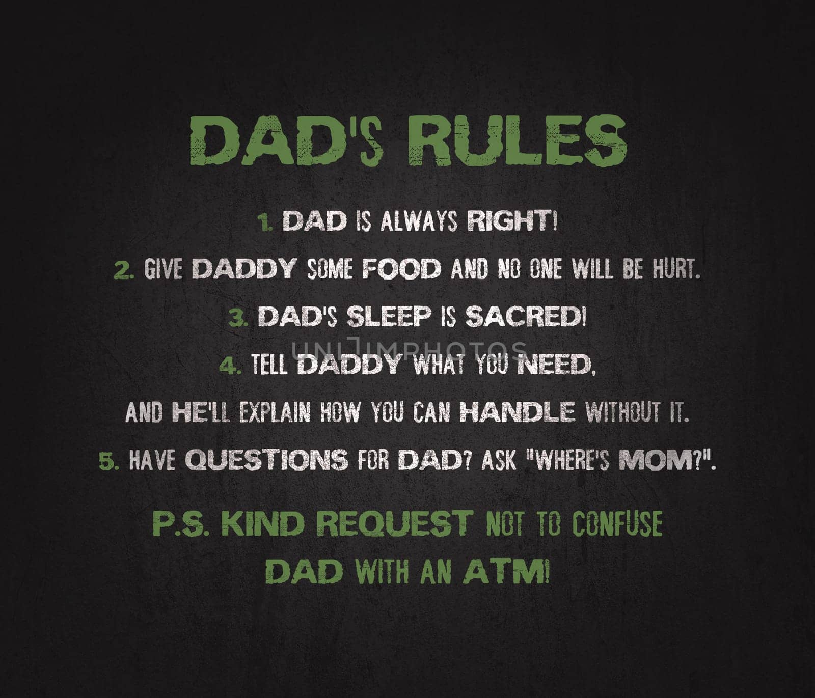 DAD's rules funny text art illustration for printing as a gift on father's day. Trendy and creative design, hipster banner composition. Humorous family relationship, love dad typography.