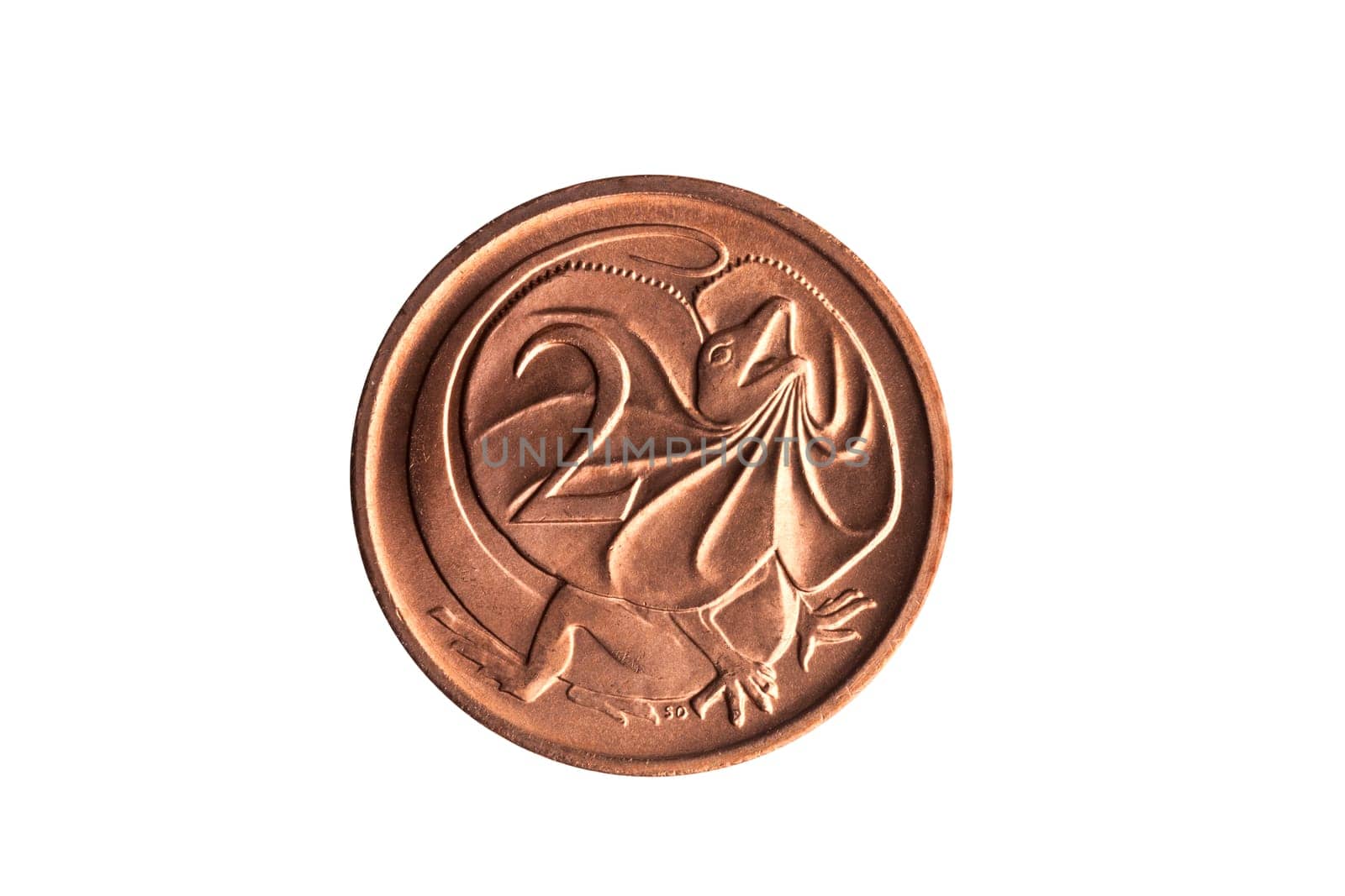Australia two cent coin with an image of a Frill Necked Lizard cut out and isolated on a white background
