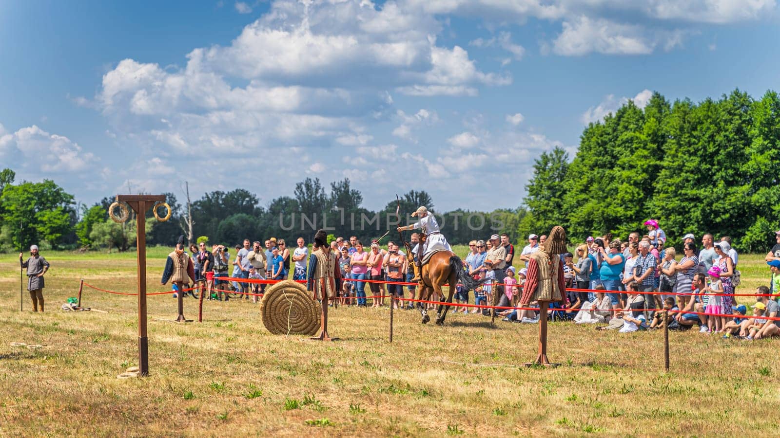 Cedynia, Poland June 2019 Mounted archery or horseback archery show with flying arrow at historical reenactment of Battle of Cedynia from 11th century