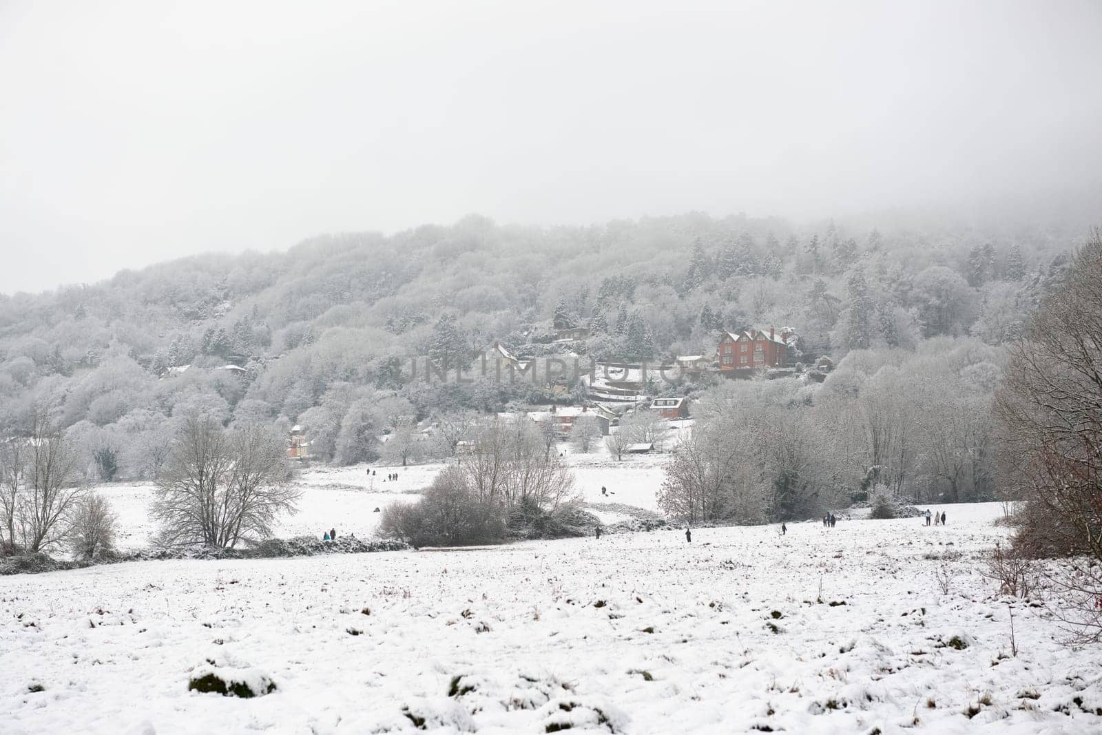 Malvern, United Kingdom, 28th December, 2020: Common land near Peachfield road as people walk, sledge and toboggan amongst fresh snow. Malvern hills