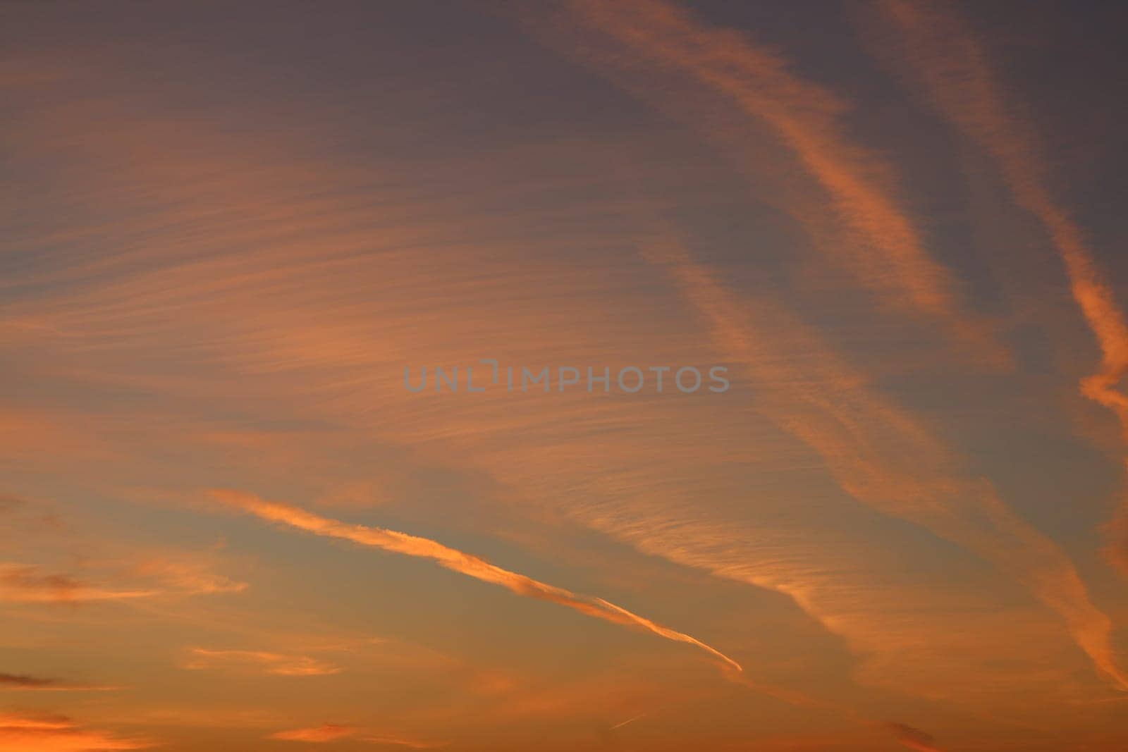Red aircraft trails in the sky lit by the setting sun