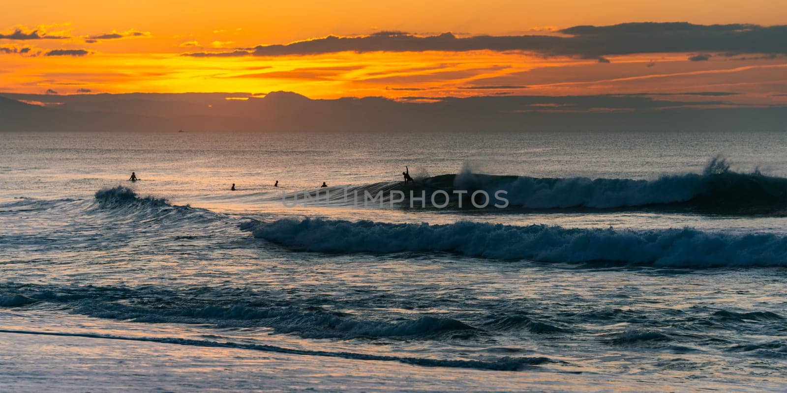Surfers trying to catch a wave at sunset in Biarritz, France