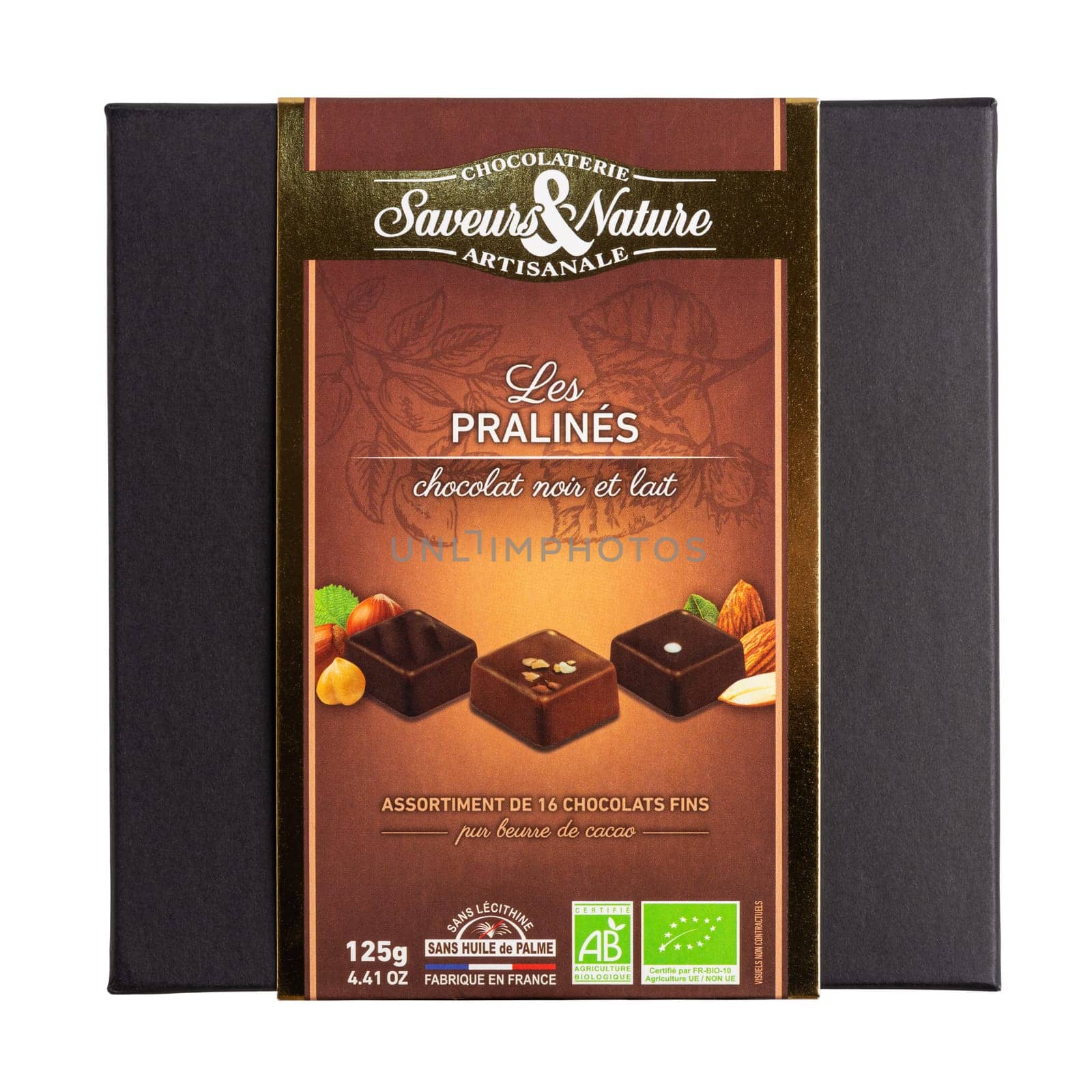 BAYONNE, FRANCE - CIRCA DECEMBER 2020: Saveurs et Nature box of praline organic chocolates isolated on white. Does not contain soy lecithin and palm oil.