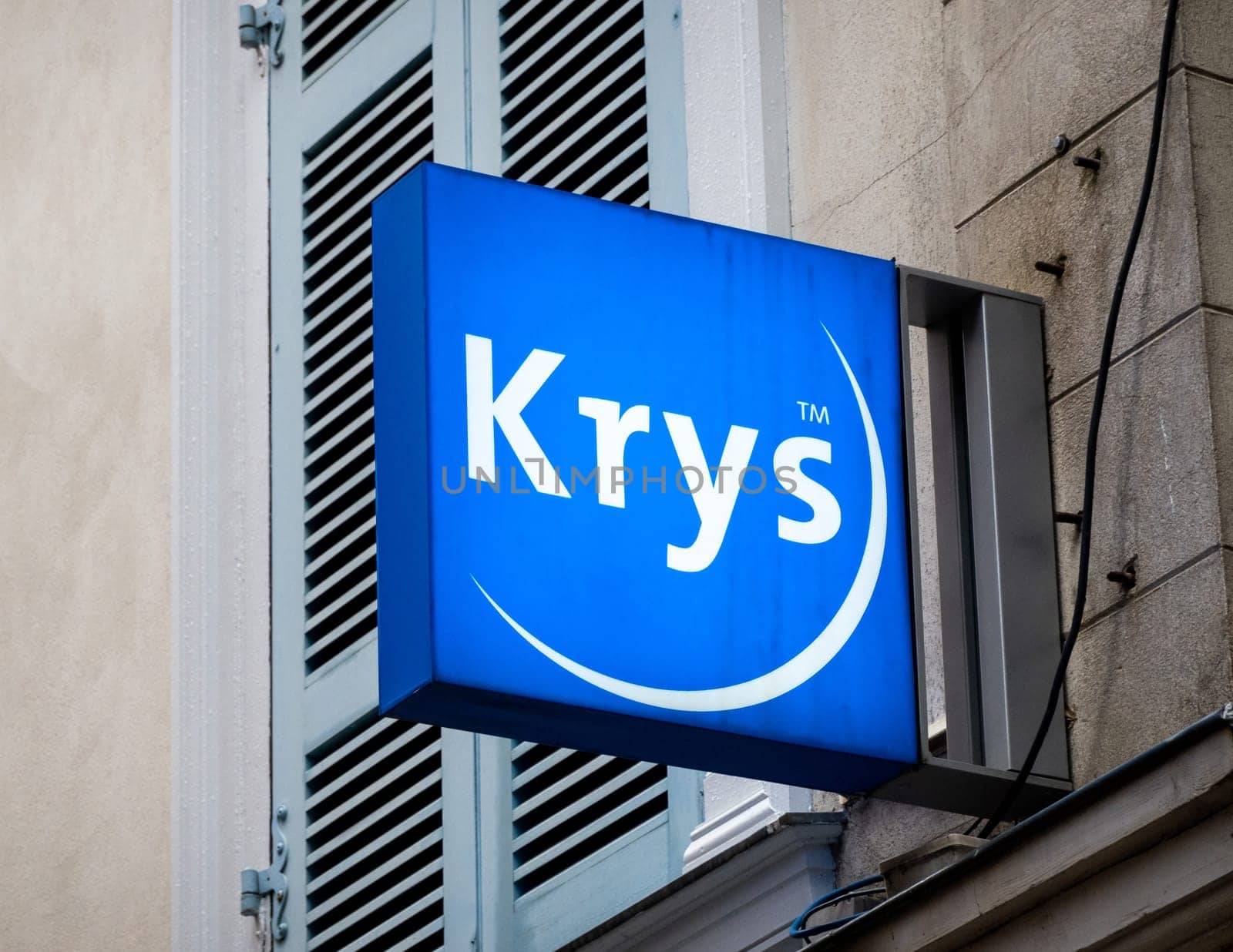 BAYONNE, FRANCE - CIRCA DECEMBER 2020: Krys shop sign. Krys is a French optician group.