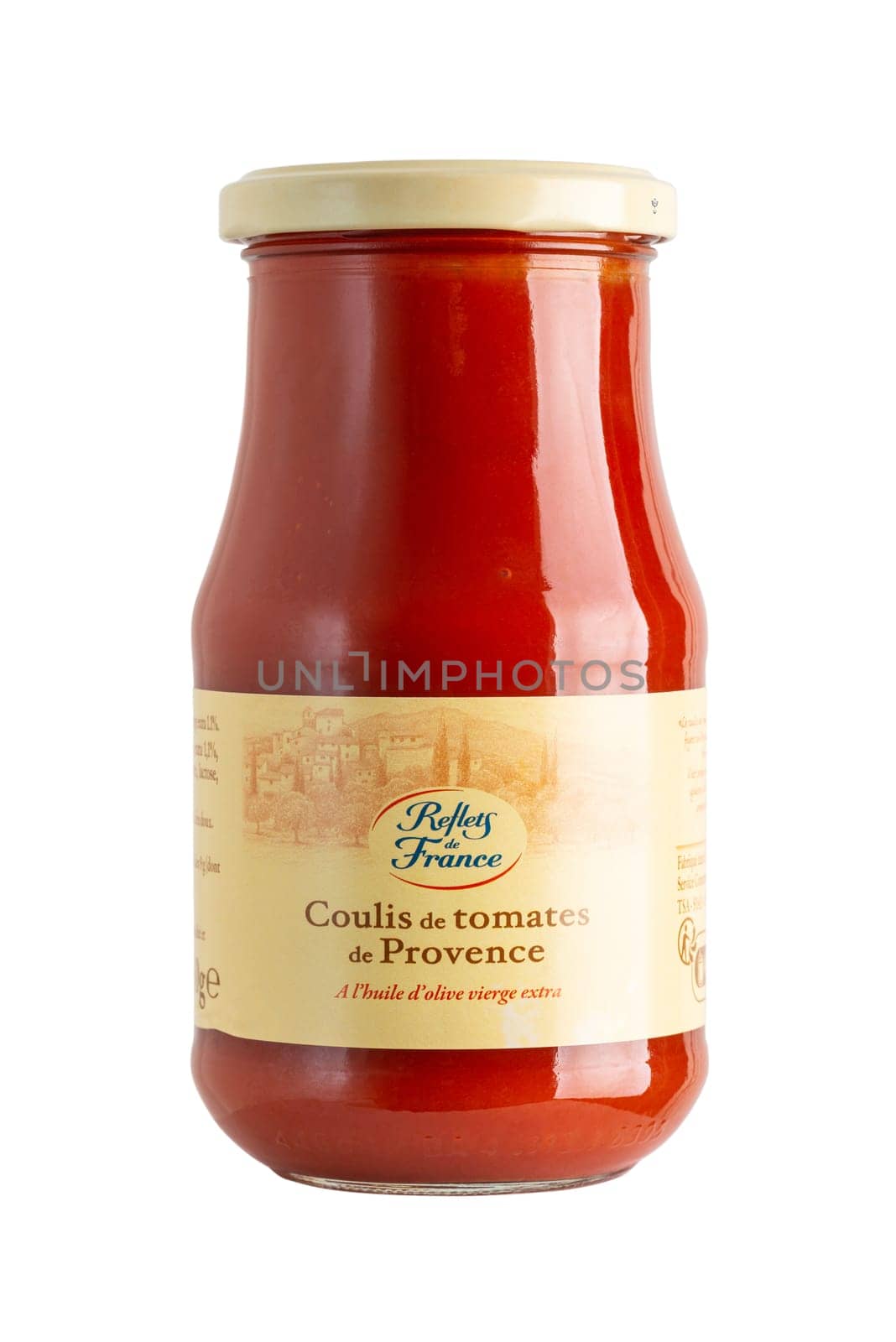 Reflets de France tomato coulis jar isolated on white, tomatoes from the Provence region and olive oil. Reflets de France is a brand of the Carrefour group.