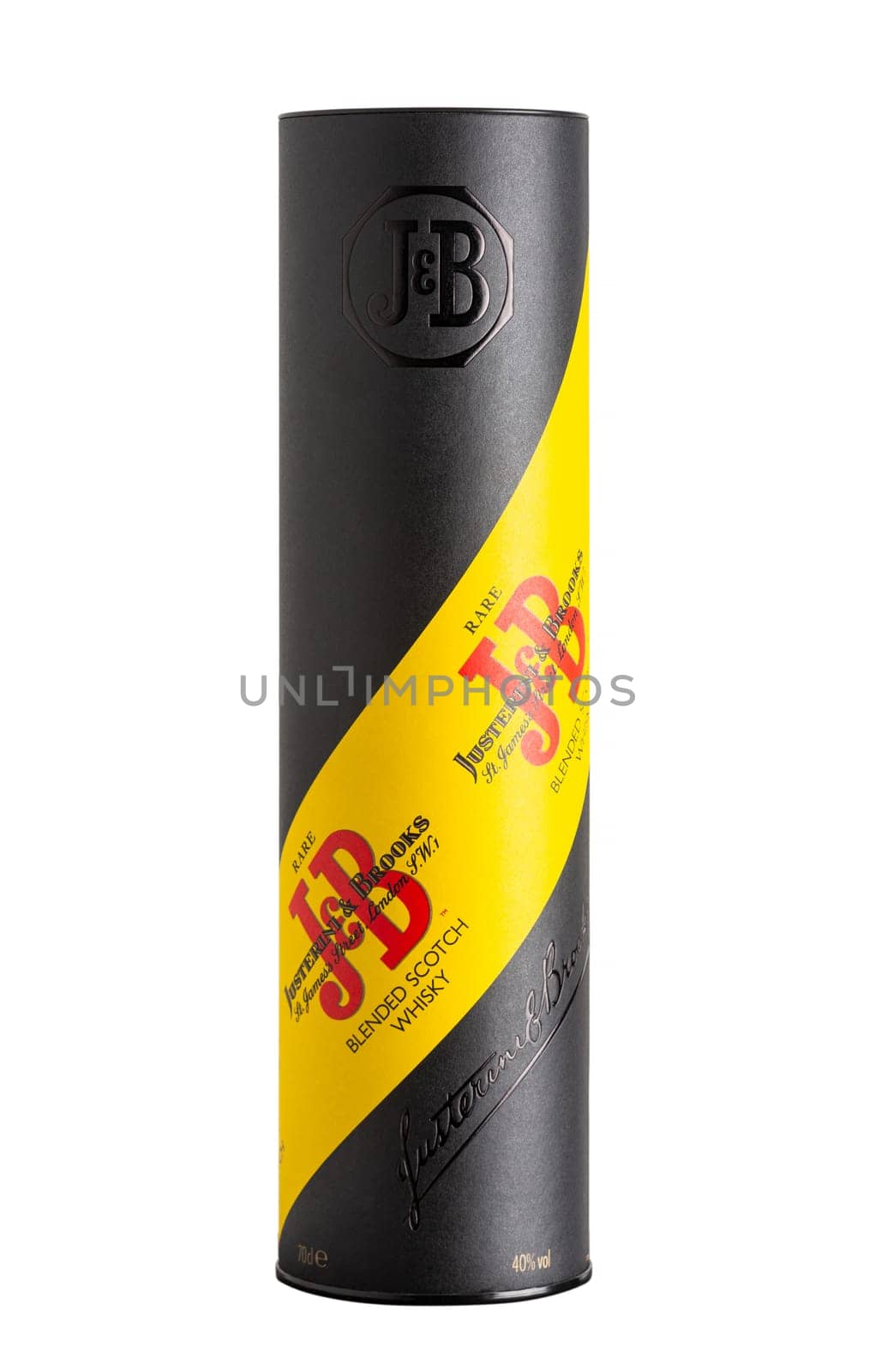 JB Rare whisky round box isolated on white. The JB Rare is a blended Scotch whisky developed by Justerini and Brooks.