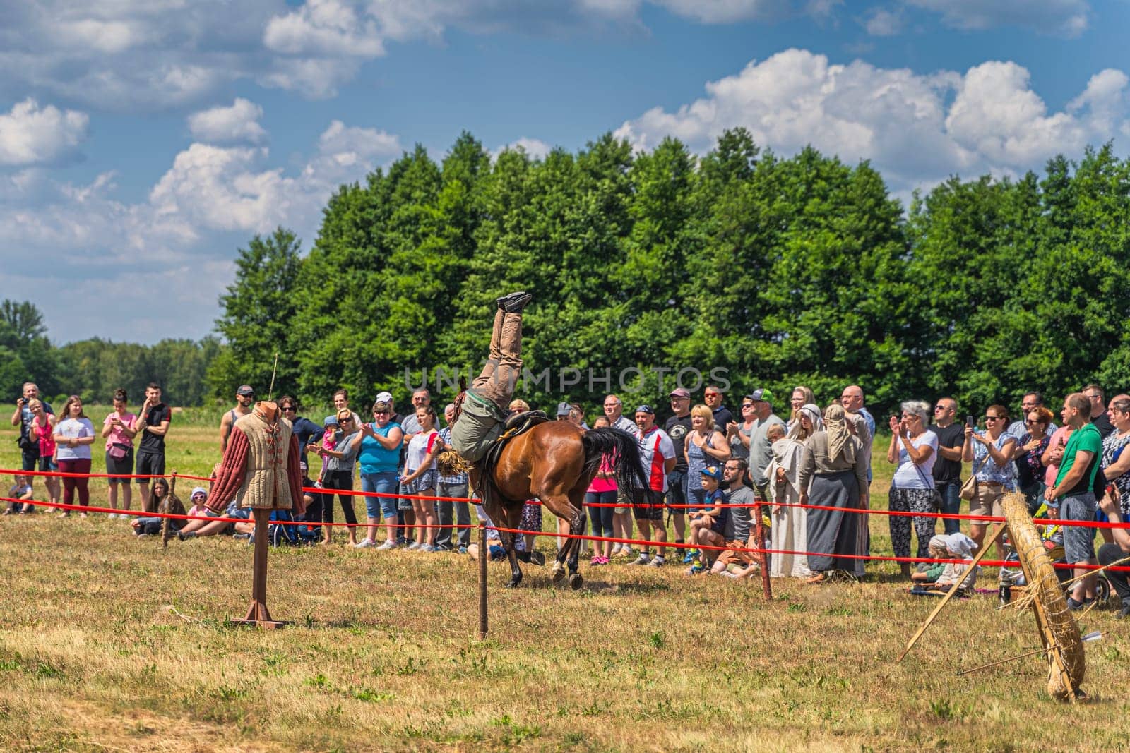 Cedynia, Poland June 2019 Horseback riding skills show on historical reenactment of Battle of Cedynia from 11th century