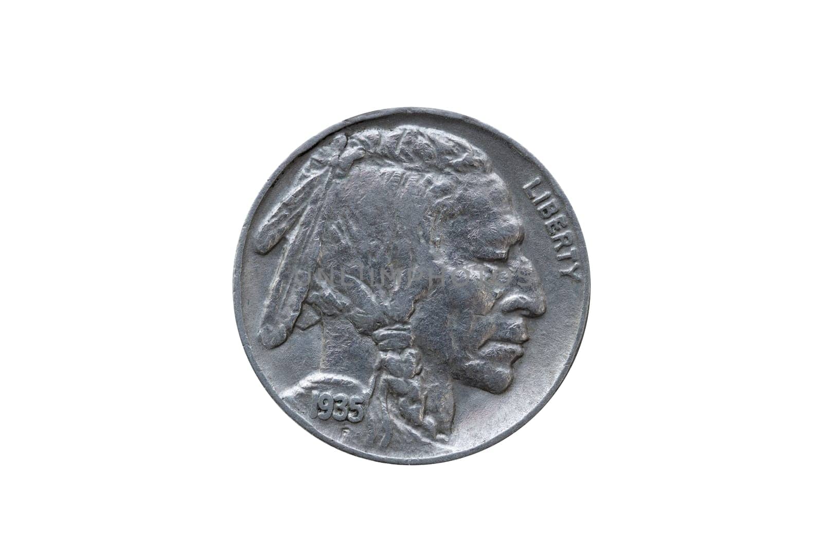 USA five cents Buffalo Indian Head nickel coin dated 1935 front  (obverse) cut out and isolated on a white background