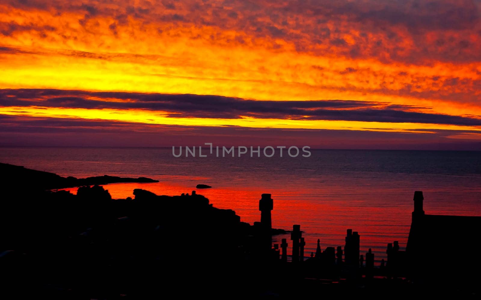Sunset over cemetery and Celtic Sea in St Ives, Cornwall, United Kingdom