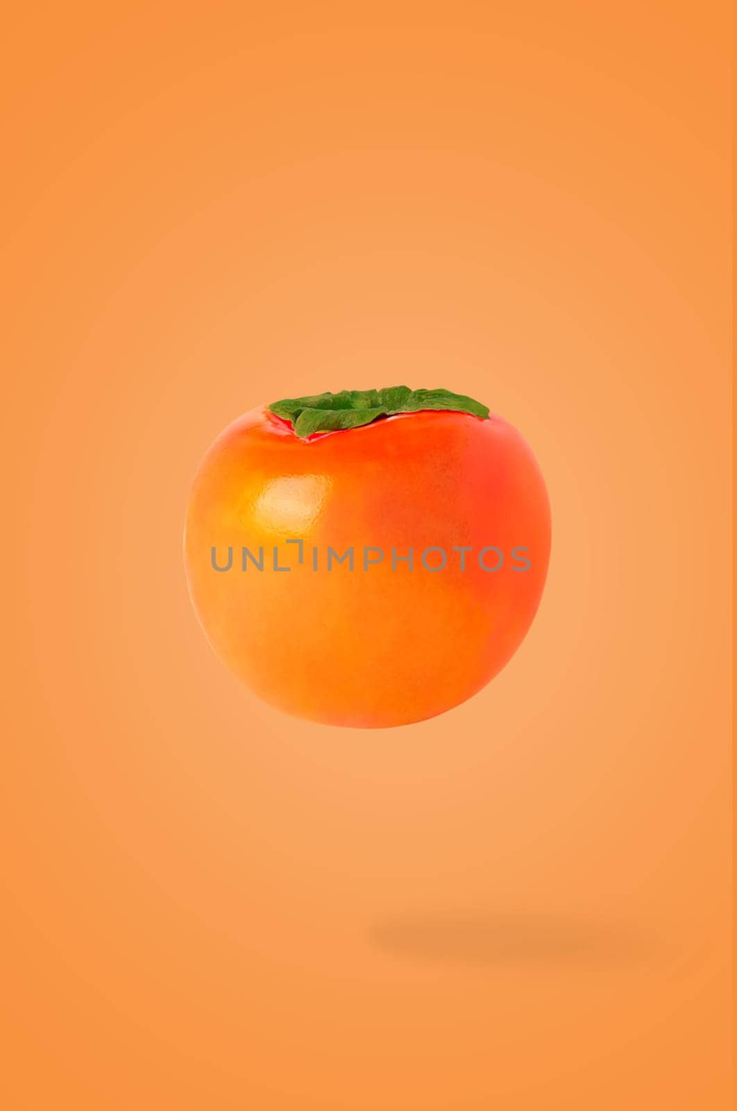 Minimal fruit concept. One whole persimmon fruit on bright orange background with shadow. Design element. Full depth of field.