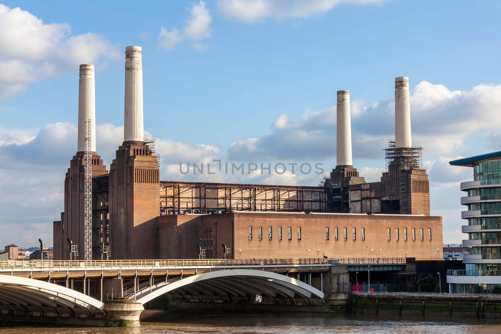 Battersea Power Station in London England UK a coal fired building built in 1935 now decommissioned and being redeveloped on the bank of the River Thames, stock photo image