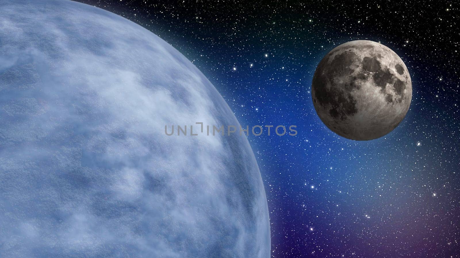 Planet Earth and Moon simulation with stars for space travel background