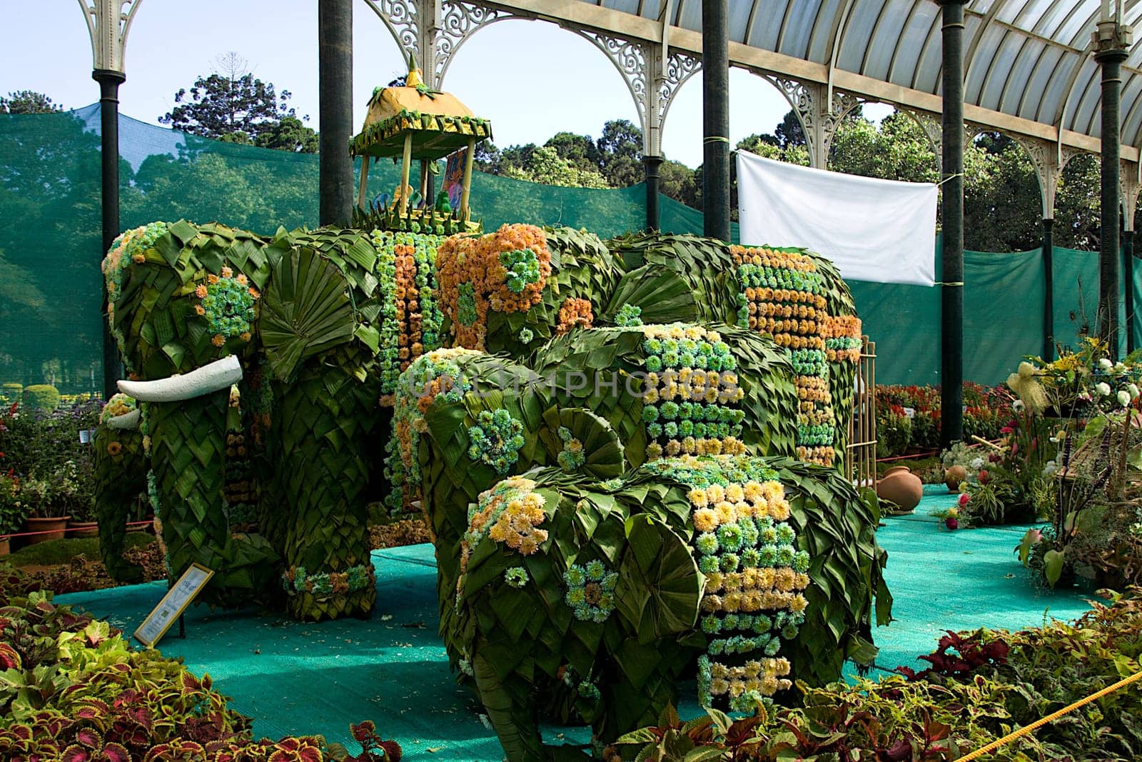 Elephants built up of leaves and decorated with flowers at Republic Day Horticultural Show in Lalbagh Botanical Garden, Bengaluru, Karnataka, India, Asia