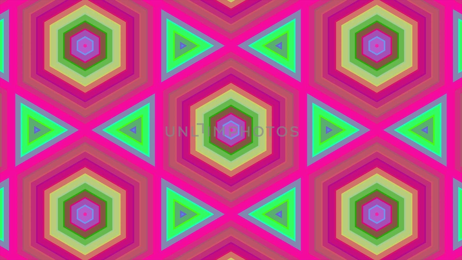 Abstract background of colorful hexagon and different surrounding rings. Abstract hexagon background.