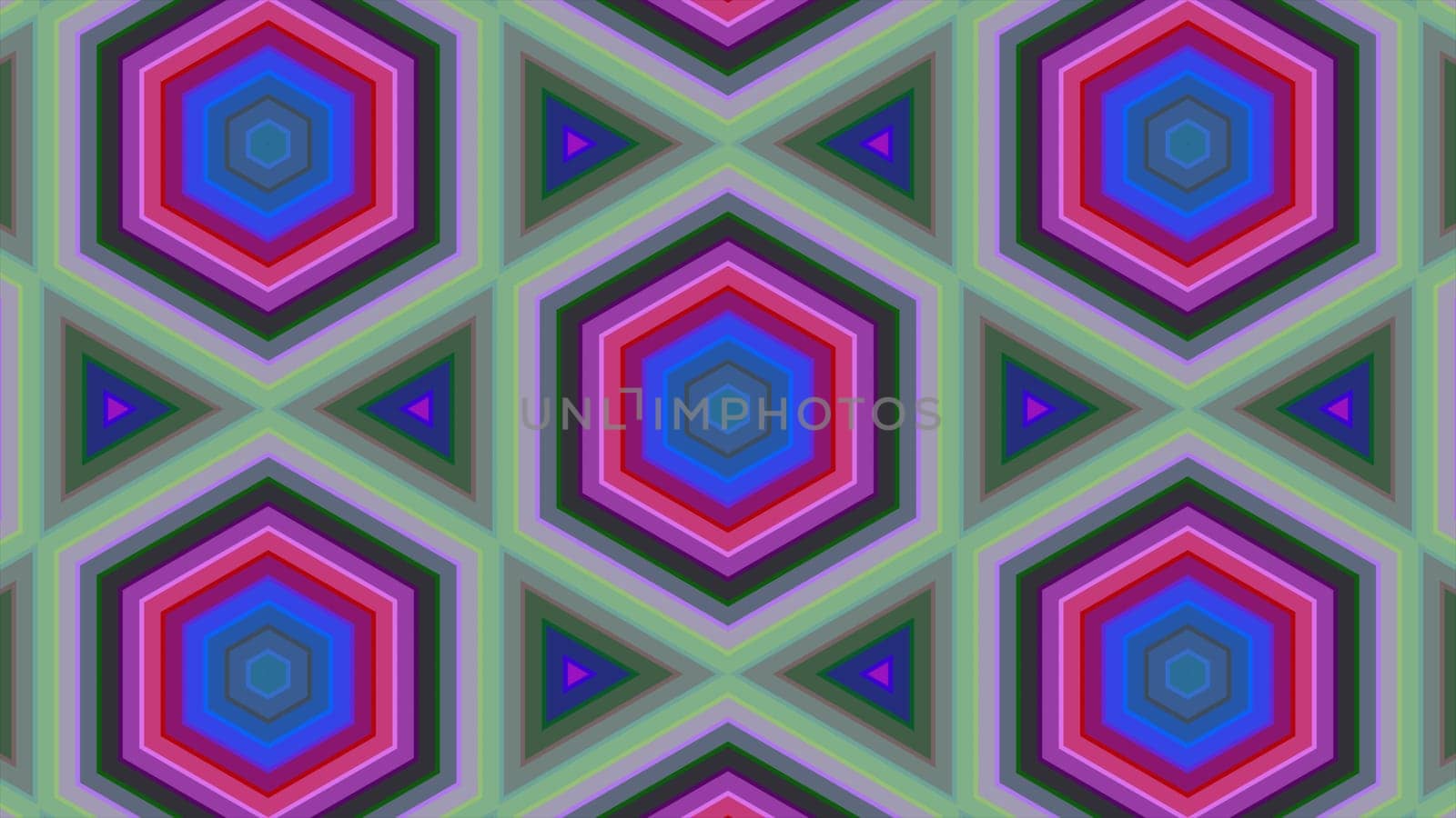 Abstract background of colorful hexagon and different surrounding rings. Abstract hexagon background.