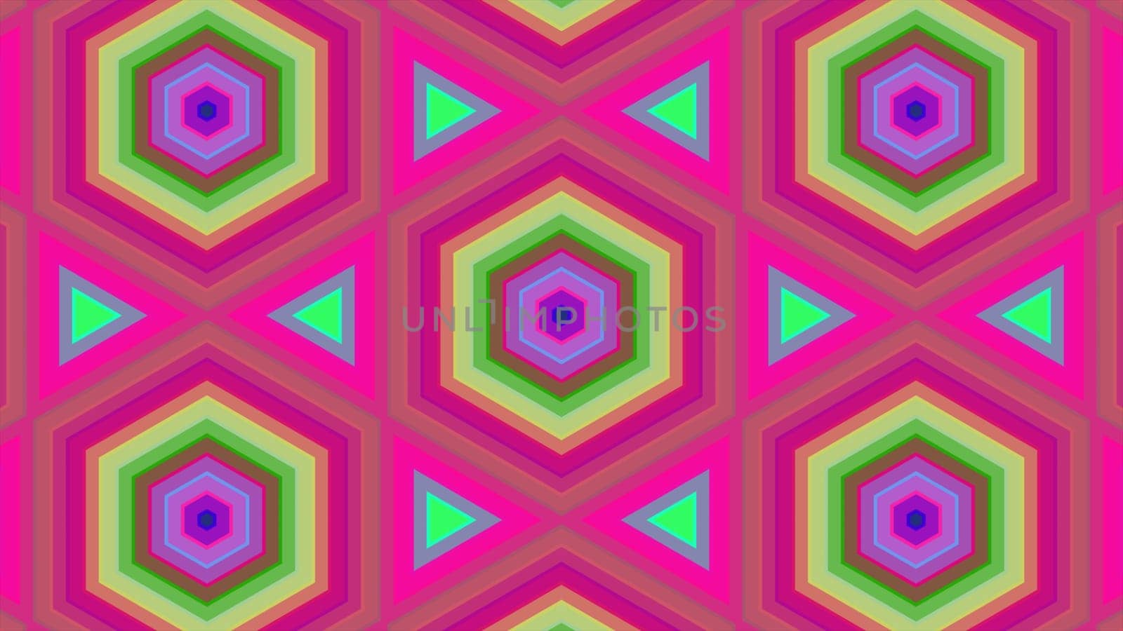 Abstract background of colorful hexagon and different surrounding rings. Abstract hexagon background.