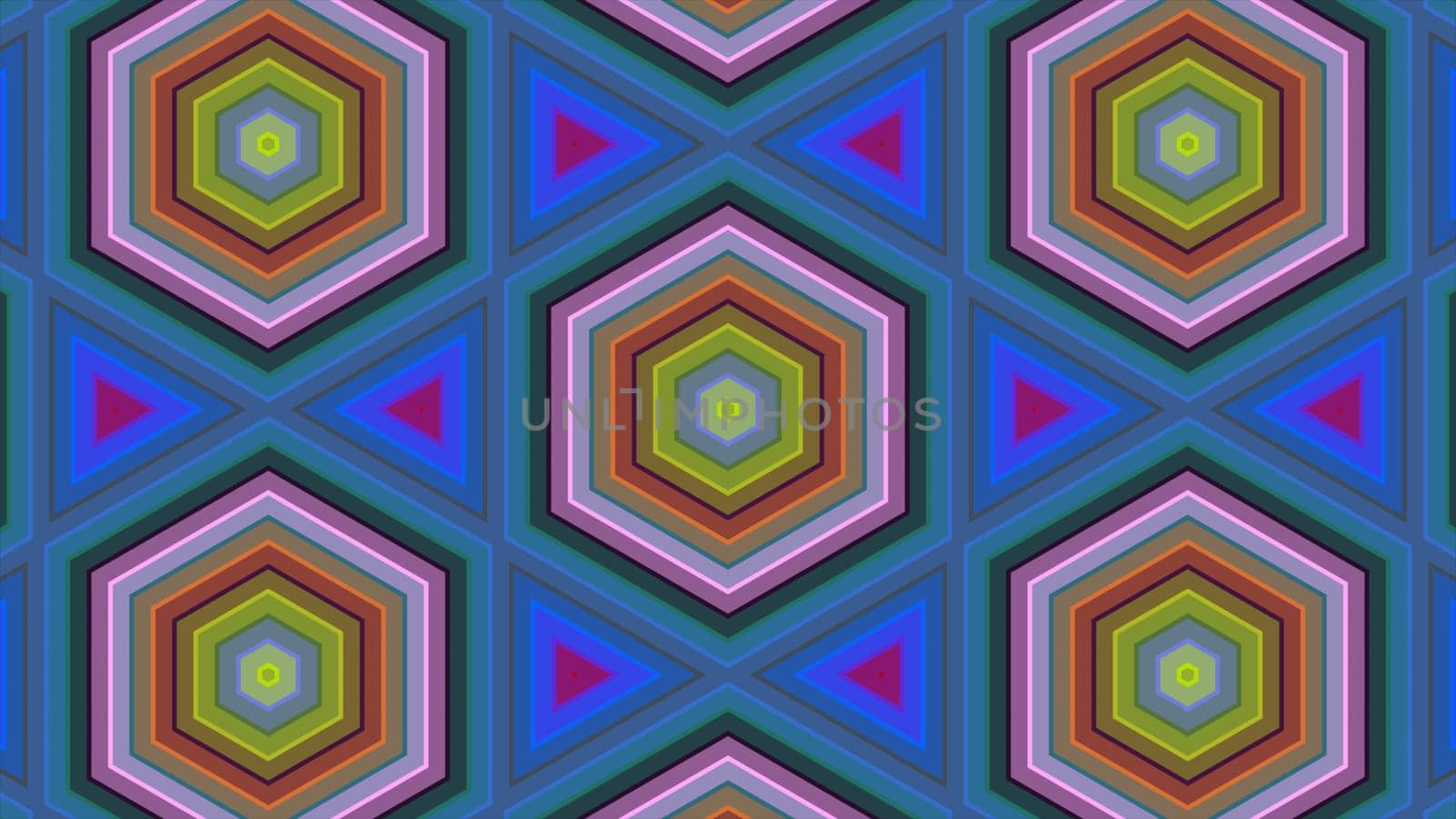 Abstract background of colorful hexagon and different surrounding rings. Abstract hexagon background.