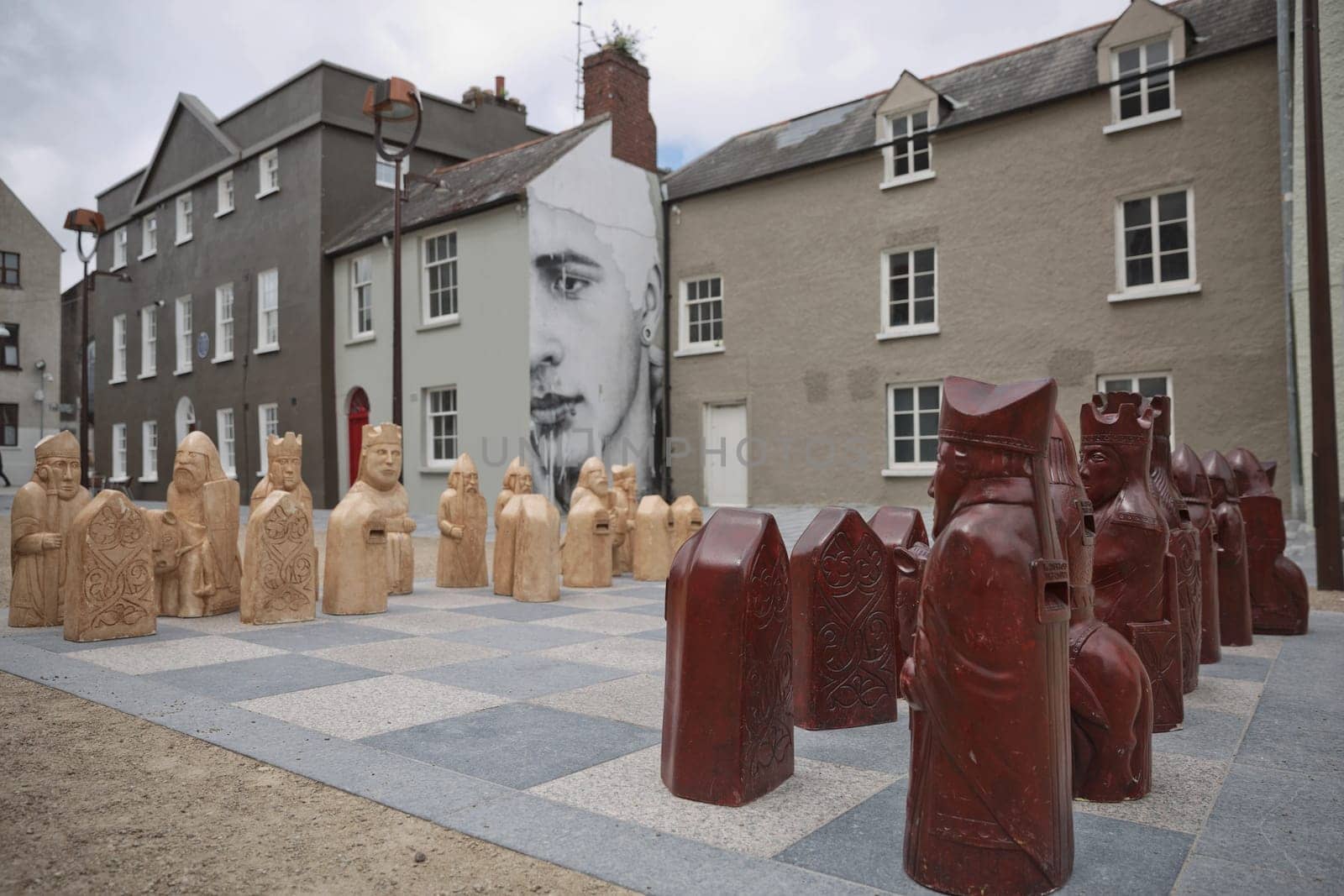 Waterford, Republic of Ireland - June 13, 2017: Chess Game in street of Waterford in Ireland representing the Norman invasion in 1169 AD that have been set up in the historic Cathedral Square.