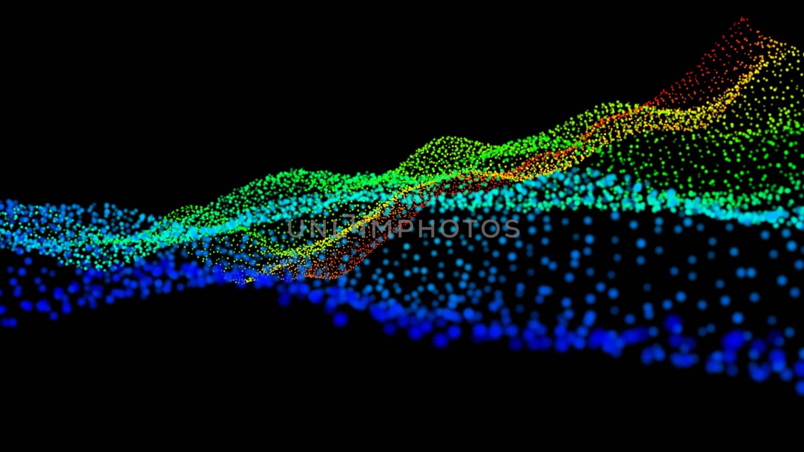 Black abstract texture background with glittery colored shiny bokeh spheres. Sparkling glittered particles on black background for placard, banner and greeting cards.