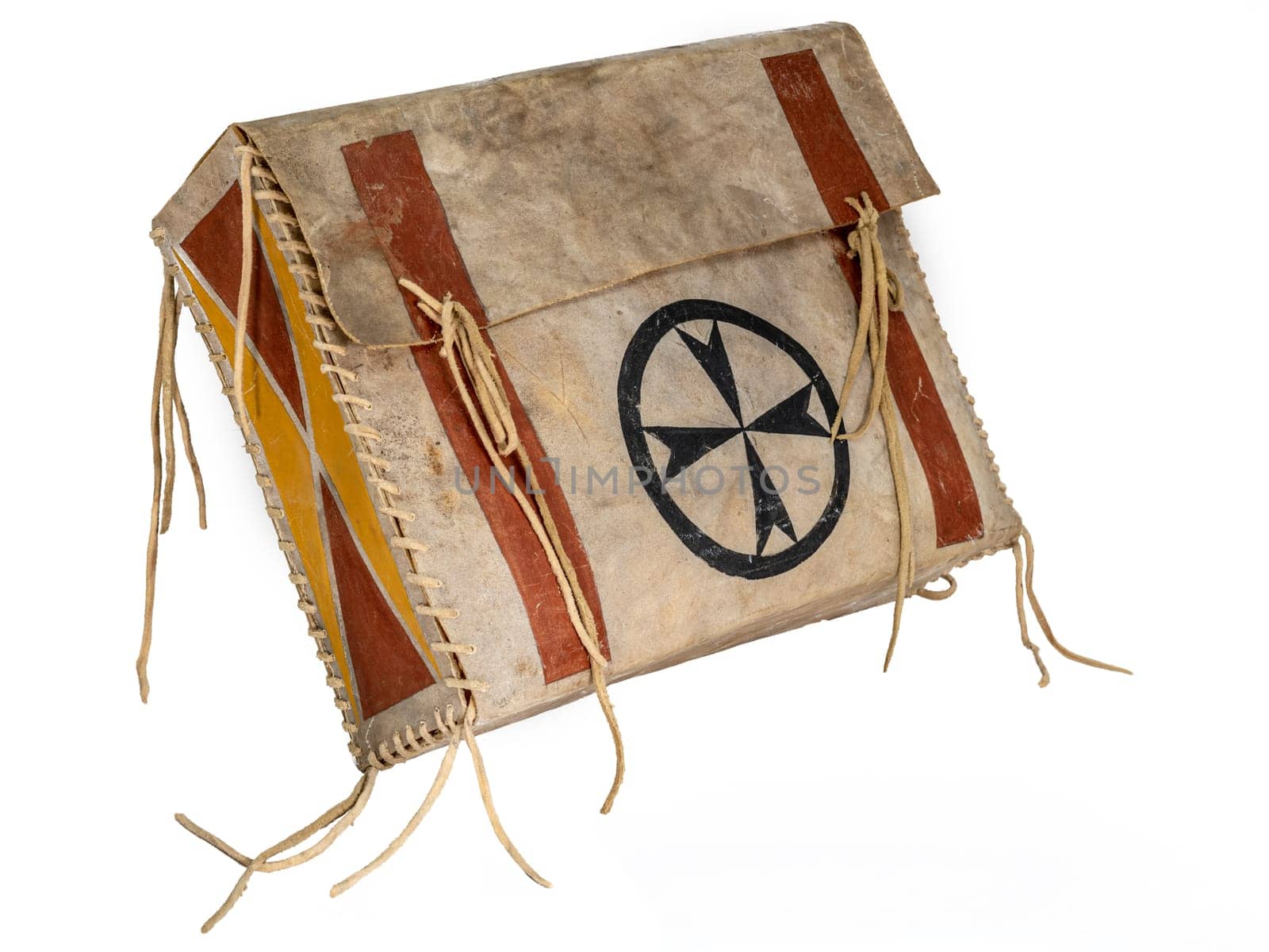 Transport box made of rawhide indian painted with leather cords isolated on white