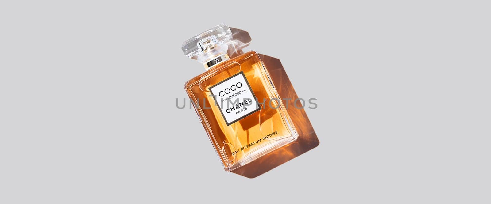 Coco Chanel perfume bottle on a uniform gray background. 2020-07-05 Samara.
