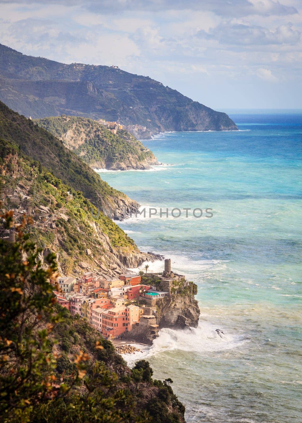 Scenic view of the coasline of Cinque Terre National Park and the village of Vernazza