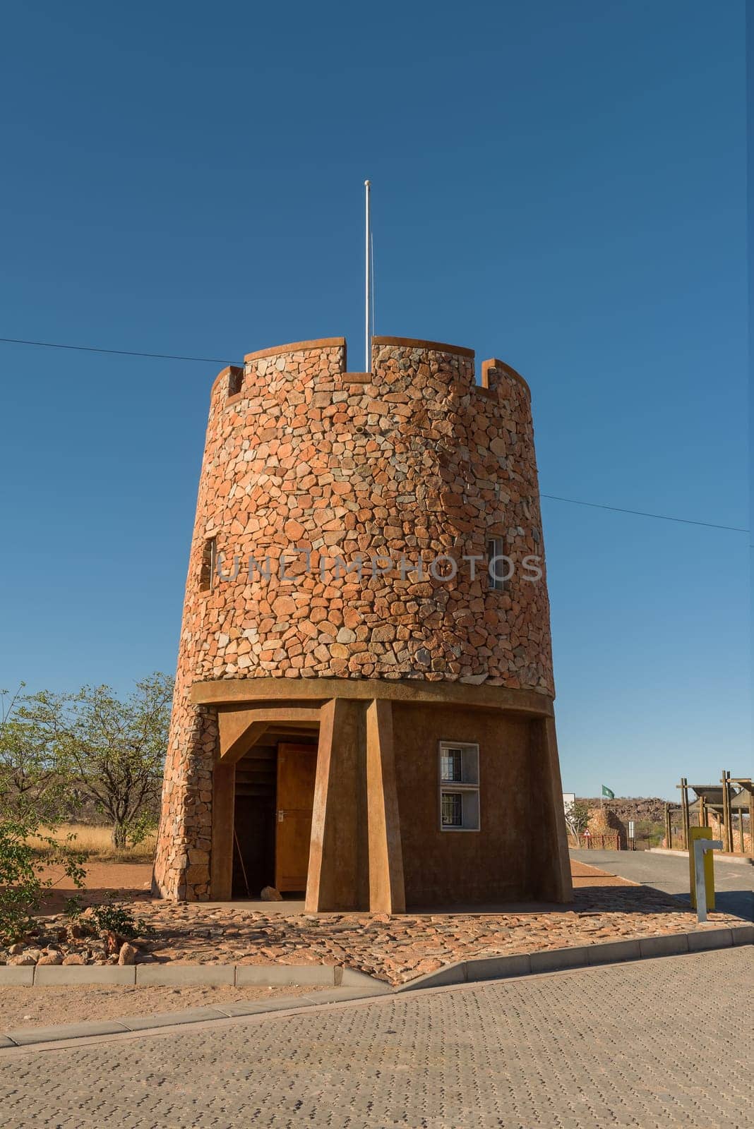 Tower at Galton Gate the western entrance of Etosha National Park, Namibia