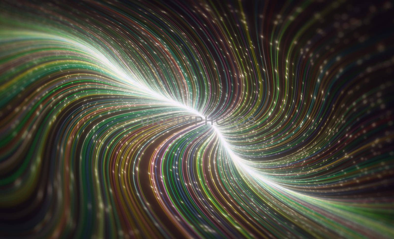 Abstract background of colored lines with luminous dots. 3D illustration.