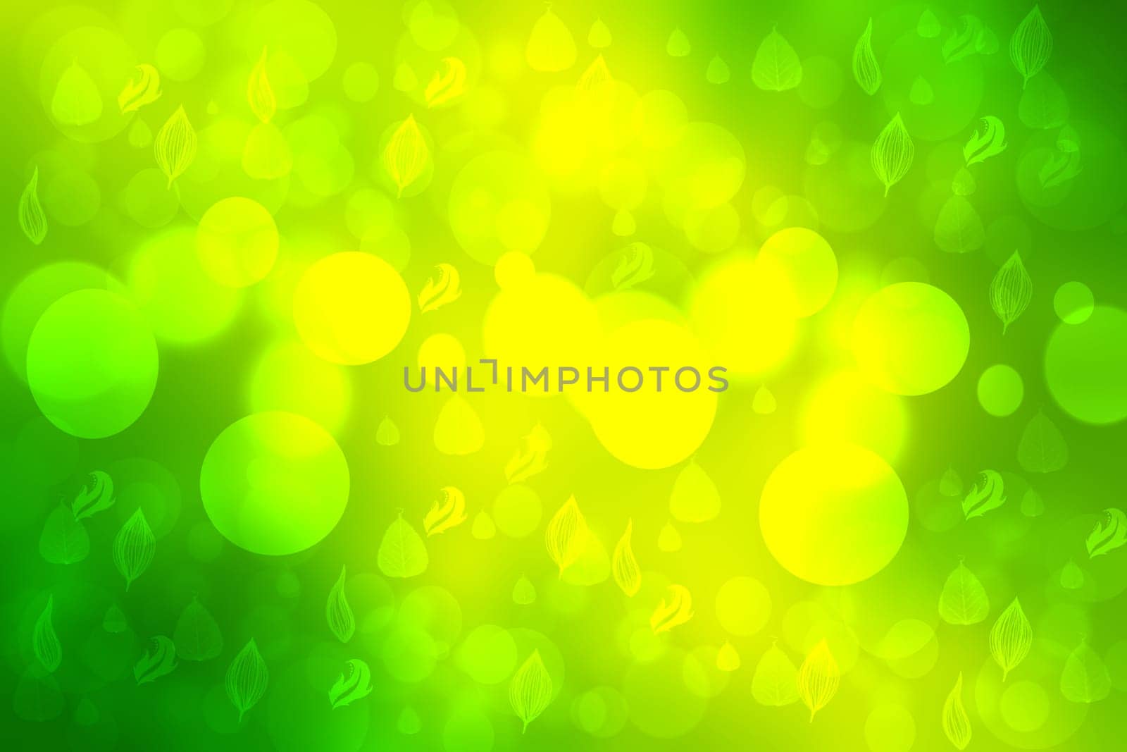Hello spring background. Abstract bright spring or summer landscape texture with natural green yellow bokeh lights and sunshine. Beautiful backdrop with space.