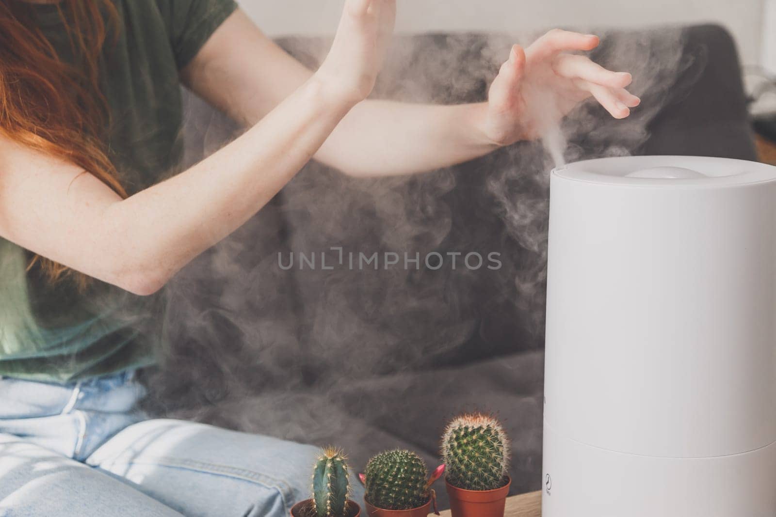 Healthy air. The humidifier distributes steam in the living room. Woman keeps hand over vapor.