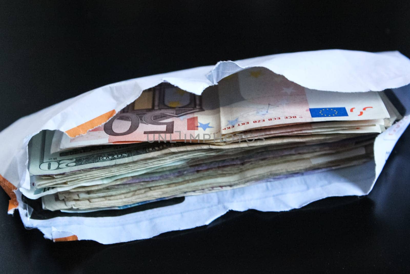 A mixture of different currencies, rubles, dollars and euros.