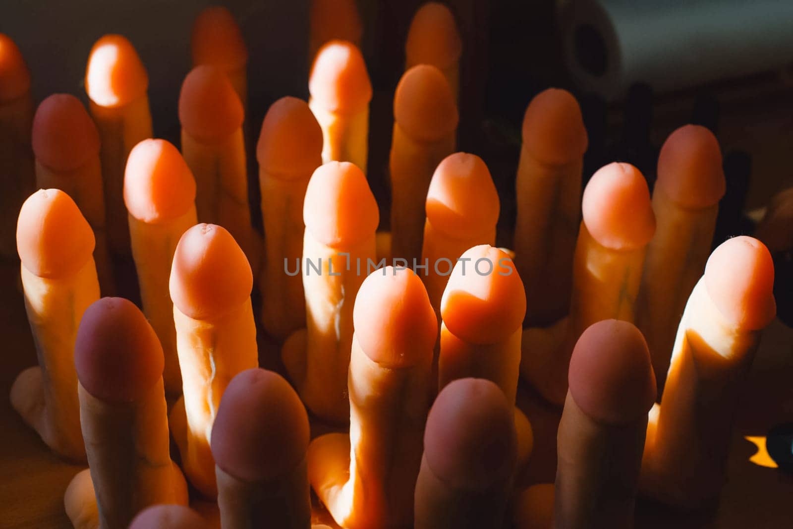 Storage of rubber products for sex shops. Warehouse products of the plant of rubber products. Rubber sexual organs