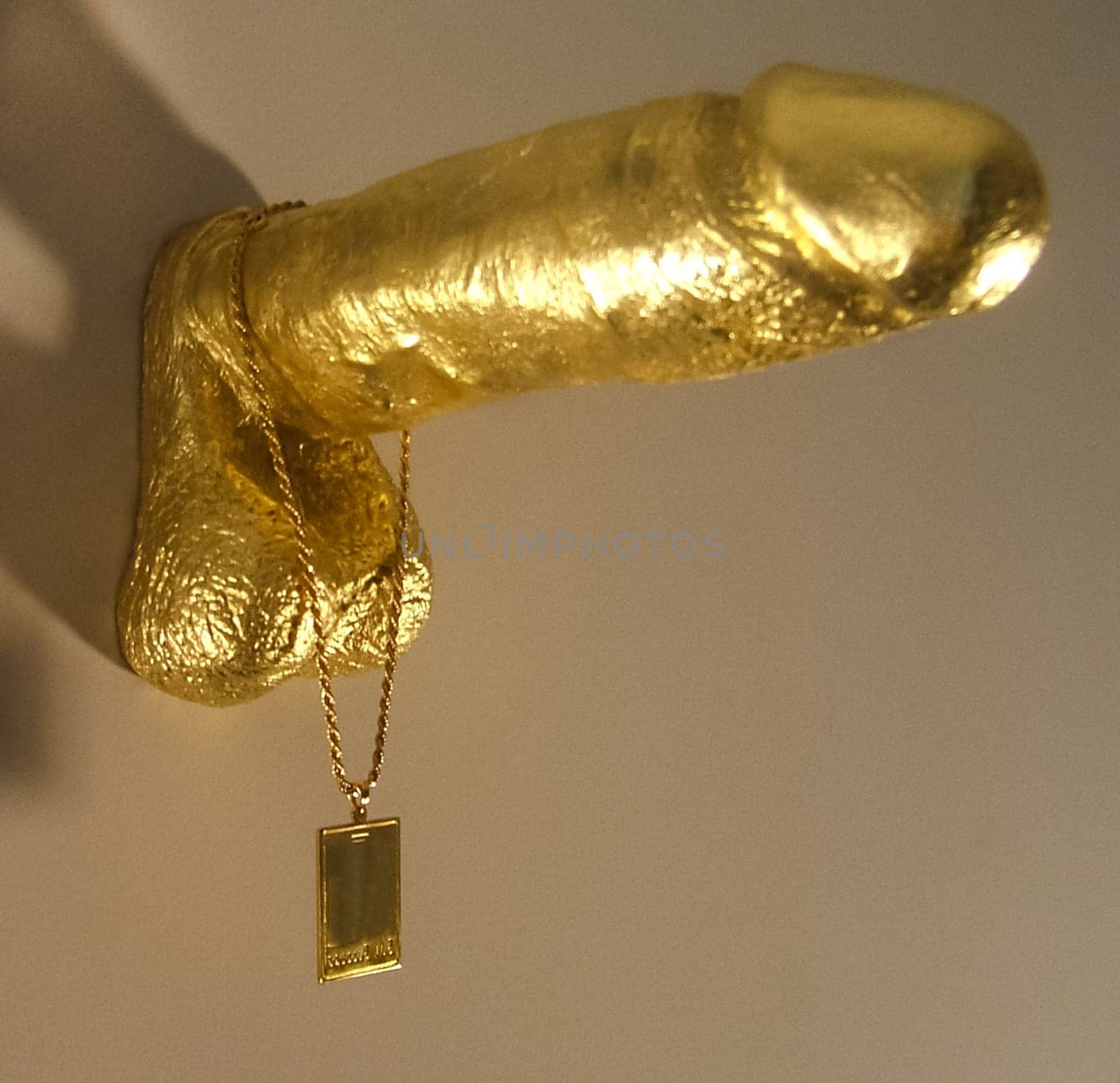 A gold penis figure hangs on the wall. Decoration in the style of sexuality.