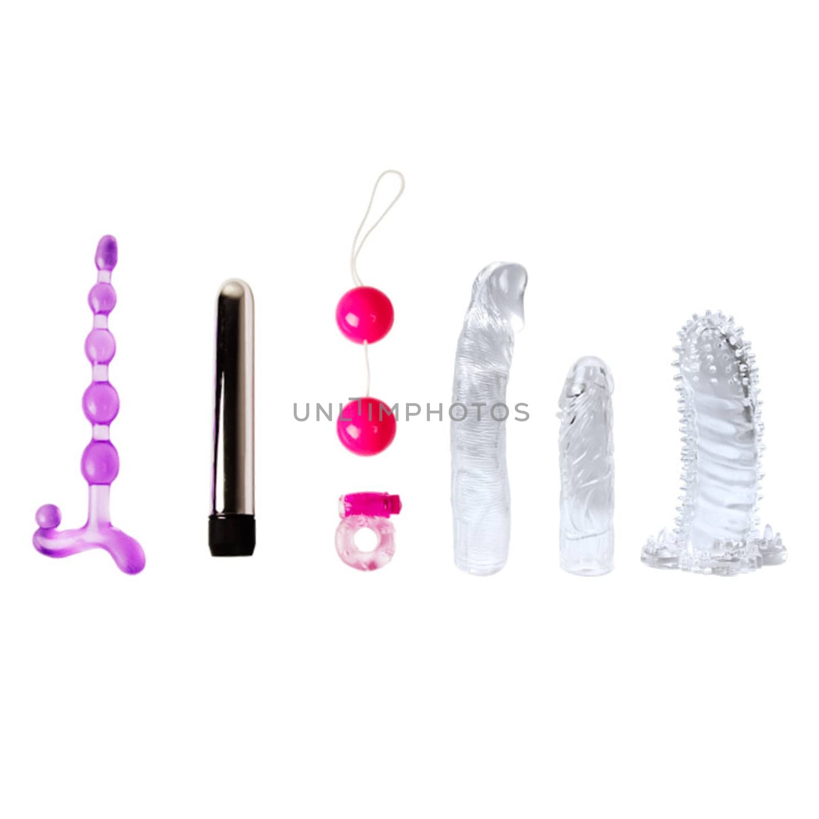 Sex toys on a white background. Products of a rubber products factory for a sex shop