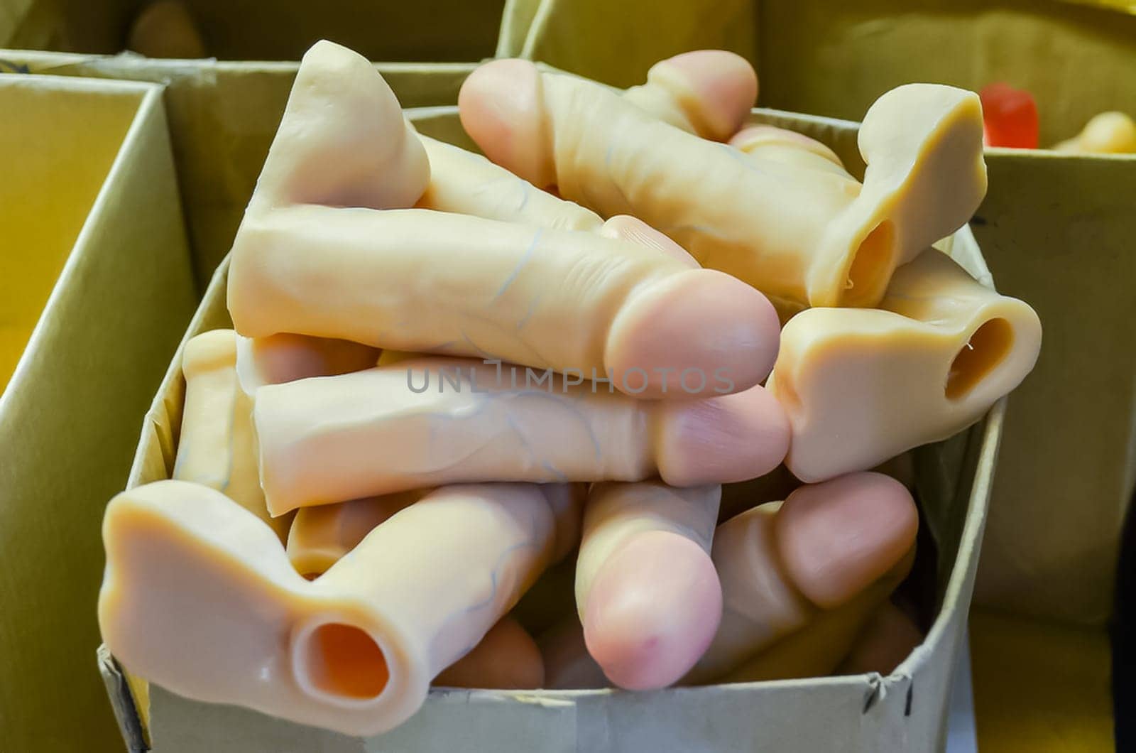 Storage of rubber products for sex shops. Warehouse products of the plant of rubber products. Rubber sexual organs