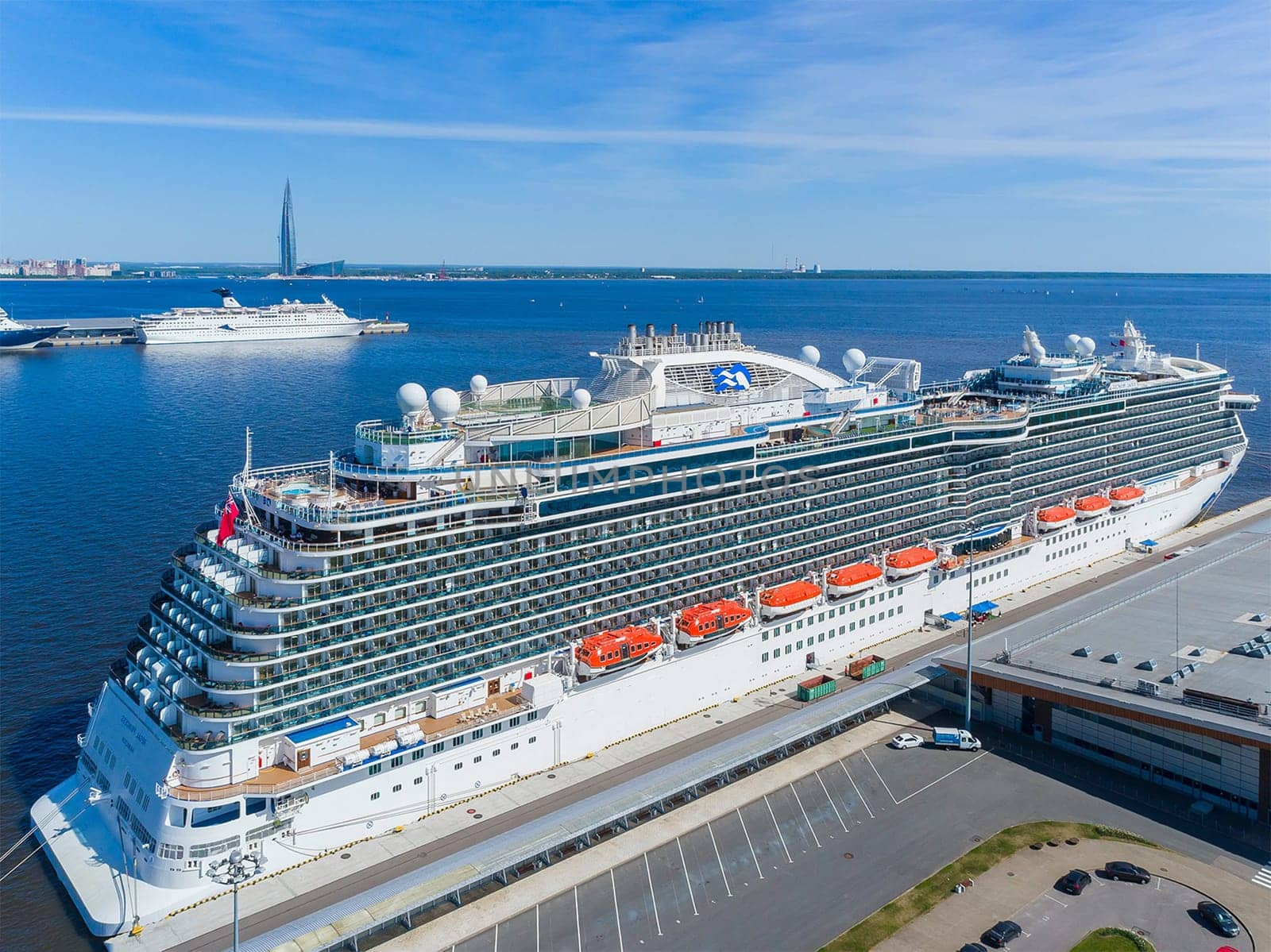 A large cruise liner in port. Travel on a cruise ship.